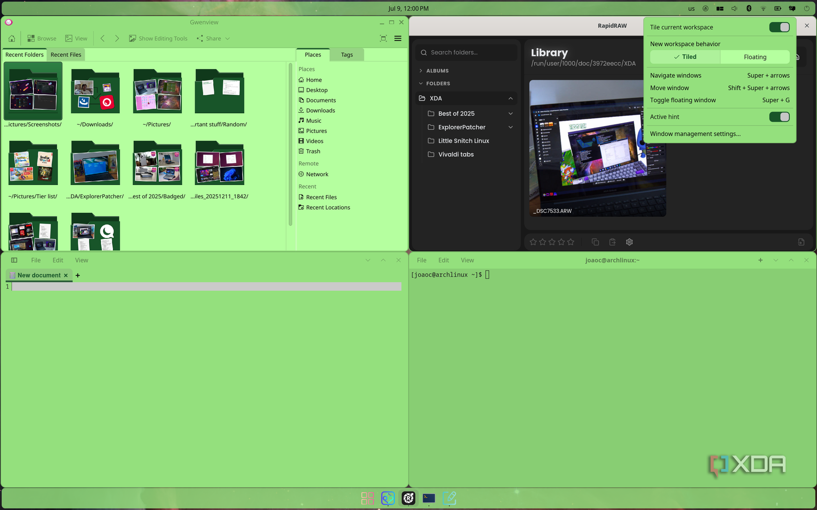 Sceenshot of ther COSMIC desktop with four tiled windows, and the mulitasking applet showing options for tiling or floating windows