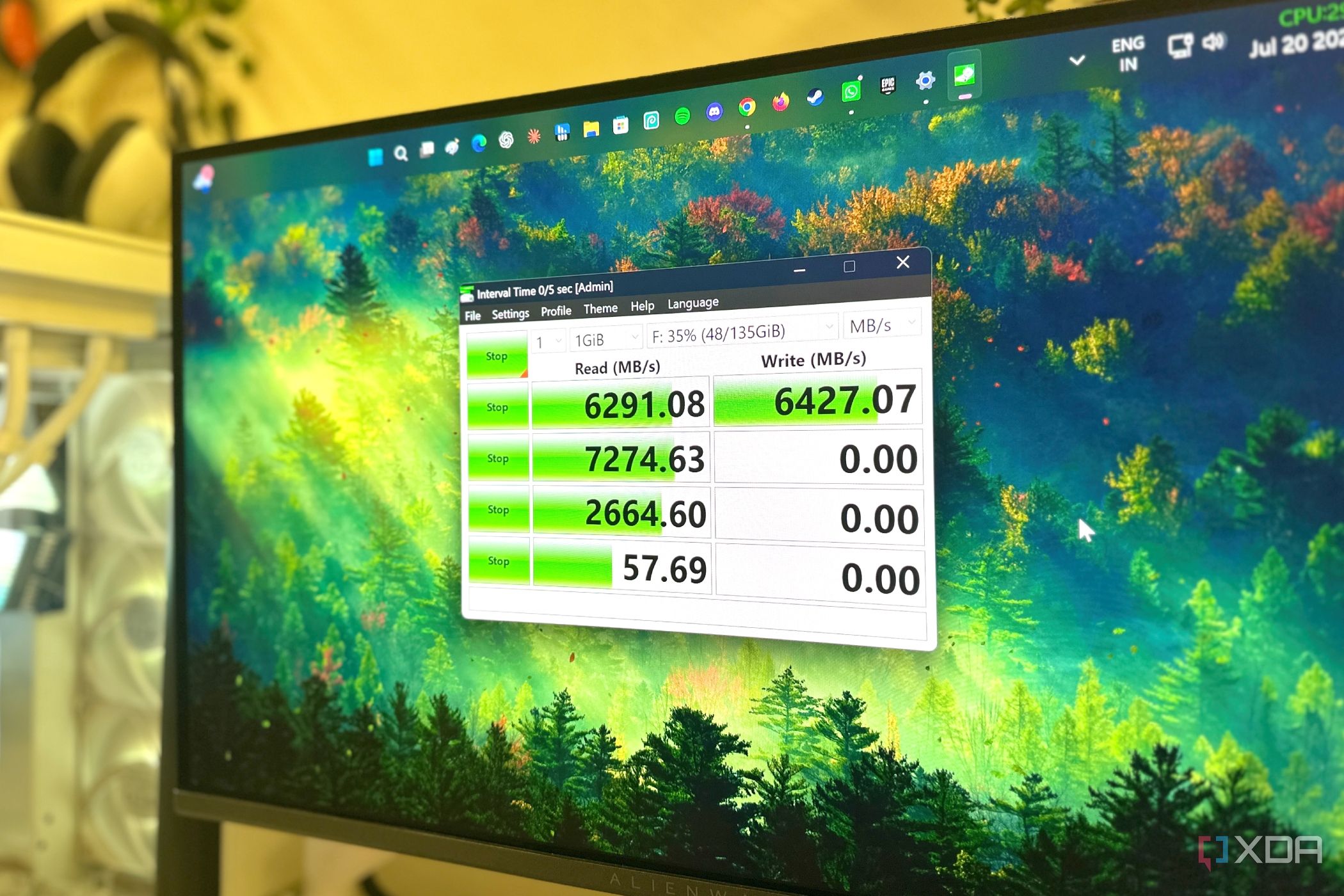 CrystalDisk Mark test on Adata XPG S70 Blade 2TB NVMe drive in Windows 11.