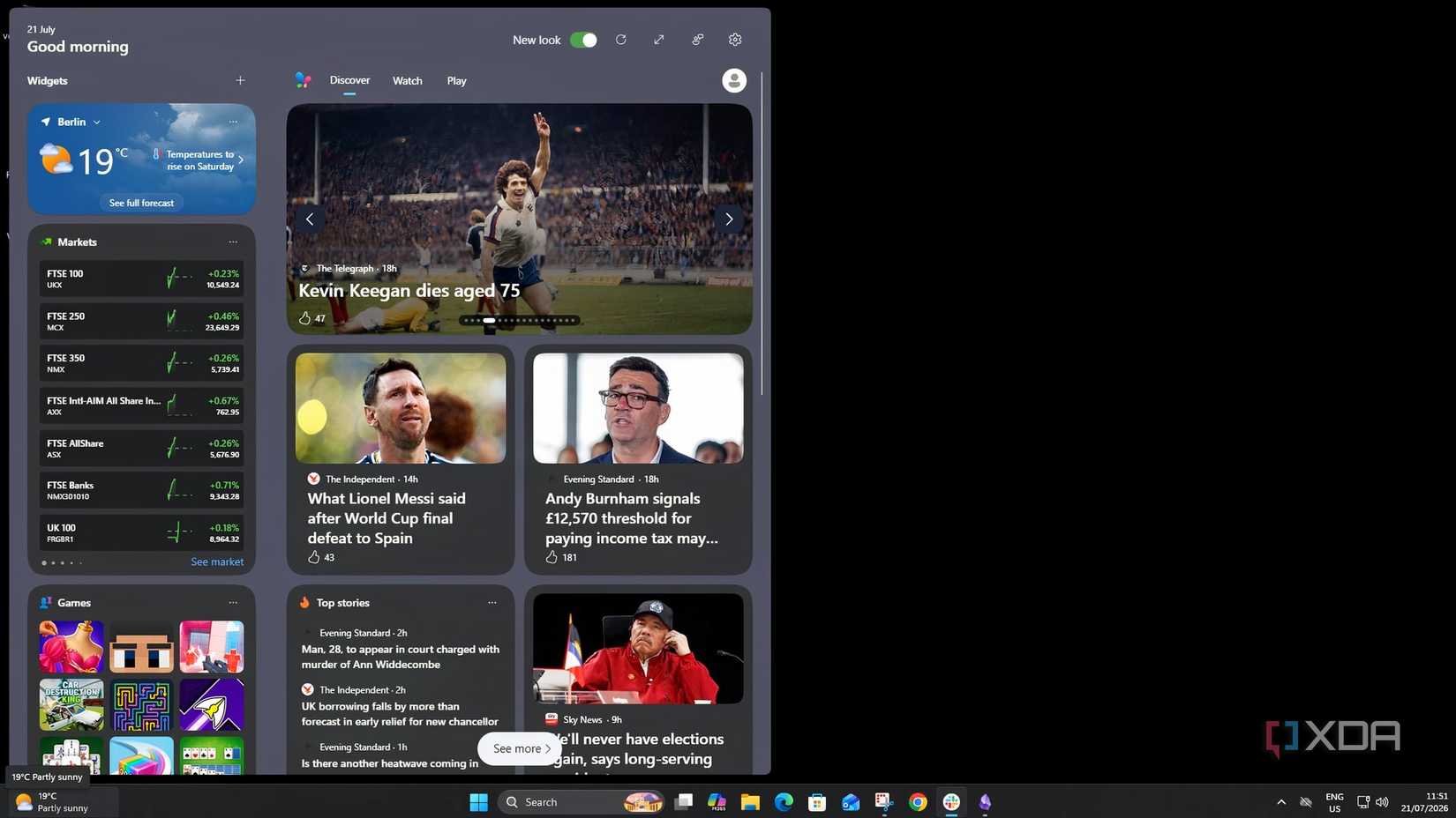 The default Windows 11 side menu with various stock markets, news, and ads.