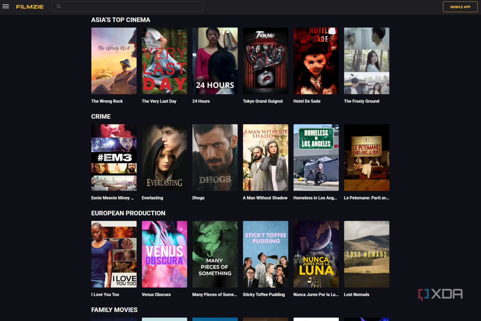 A screenshot of the Filmzie app in a web browser