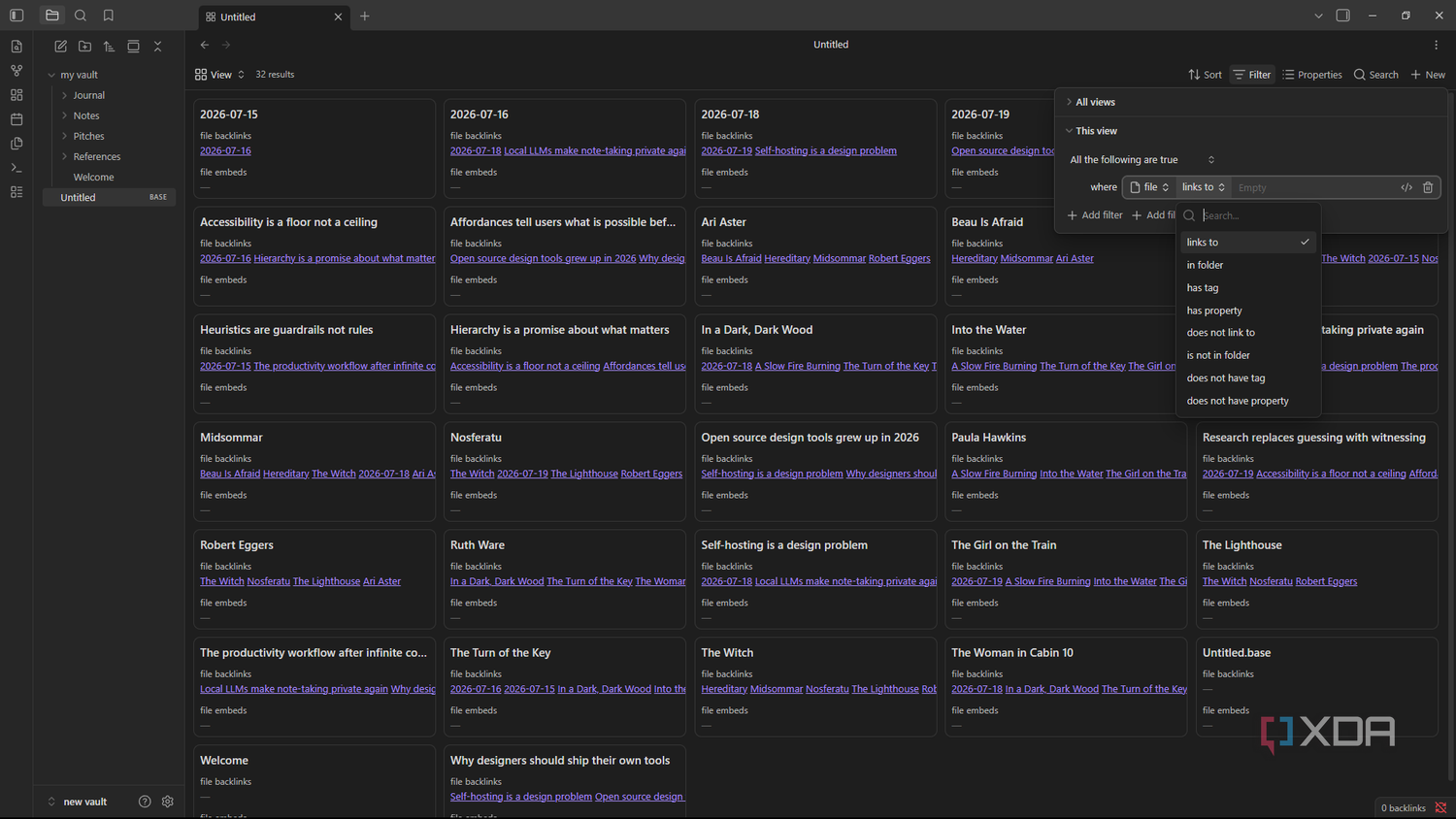 Фильтрация базового представления заметок filtering base view of notes in Obsidian