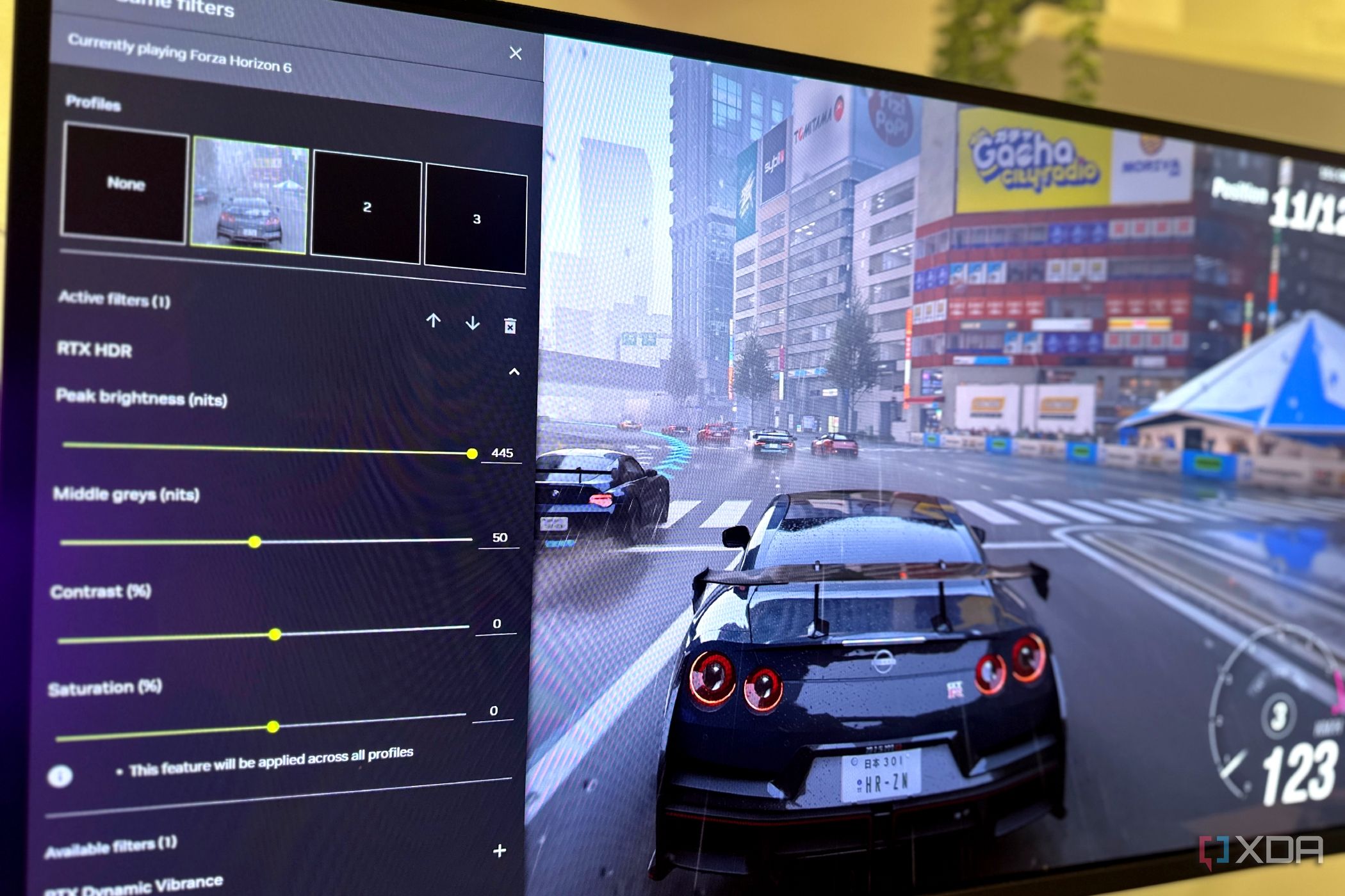 Forza Horizon 6 with Nvidia Overlay running RTX HDR on a monitor
