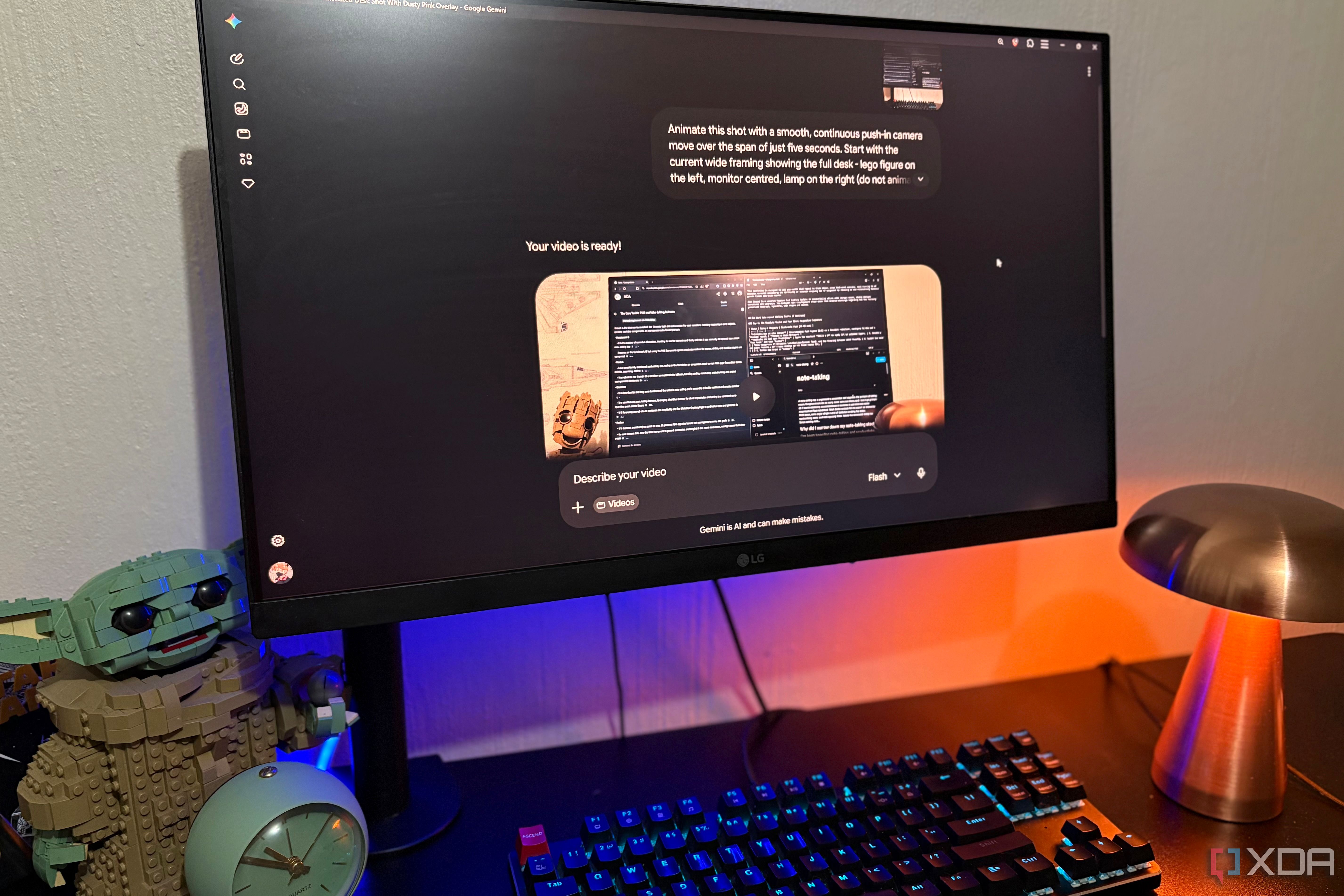 generating videos with gemini omni on desktop pc, lego and lamp in view