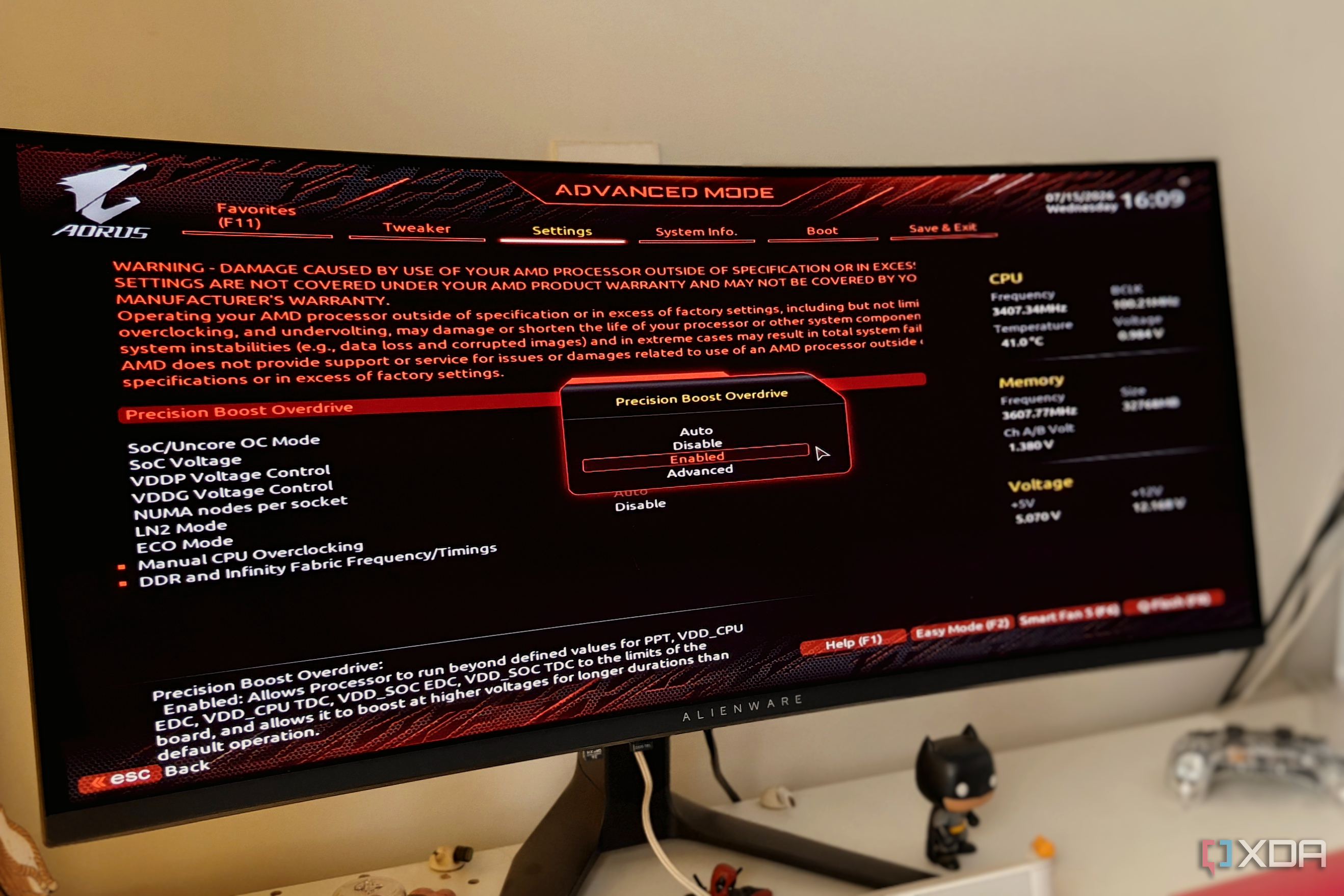 Screenshot of Gigabyte UEFI BIOS on an ultrawide monitor on a white desk