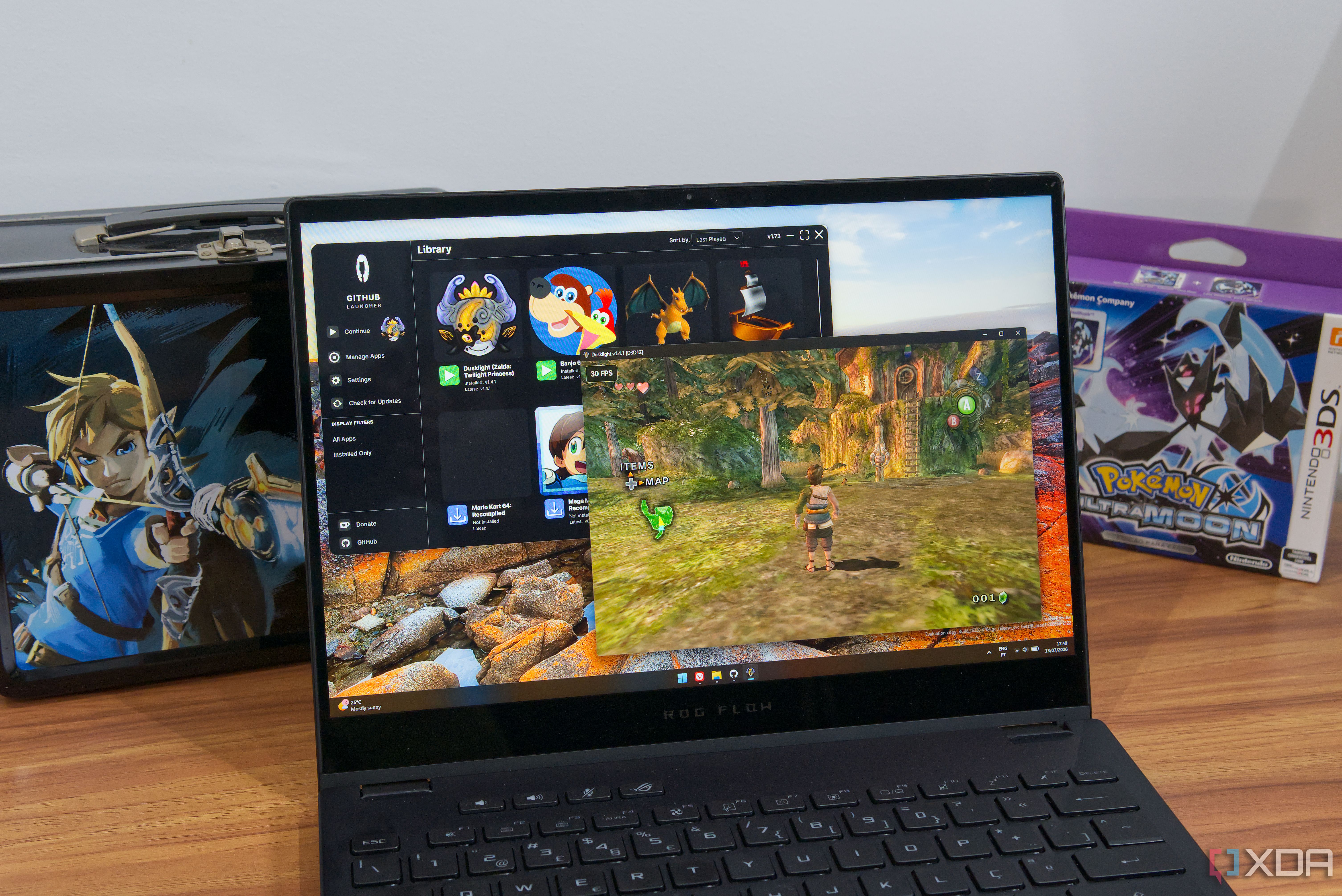 A Windows 11 laptop running Dusklight and GithubLauncher