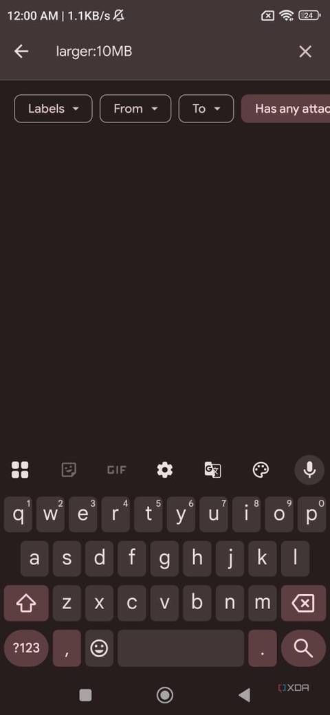 screenshot of gmail find 10MB or bigger attachments