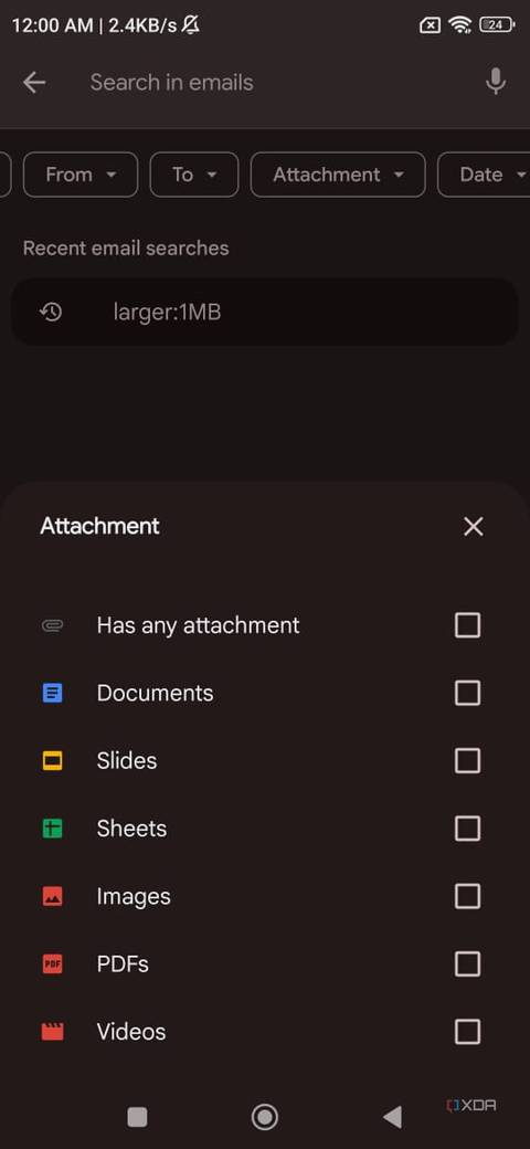 screenshot of gmail find large attachments