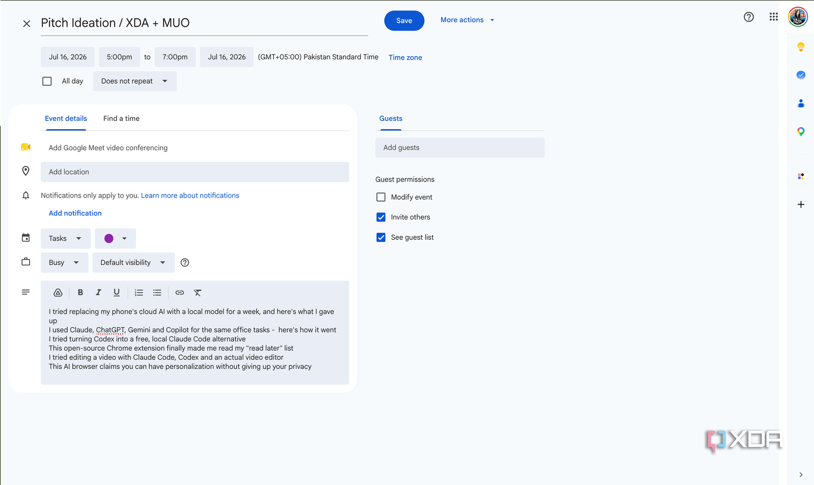 Google Calendar editor for MUO event with Pitch Ideation XDA plus article suggestions