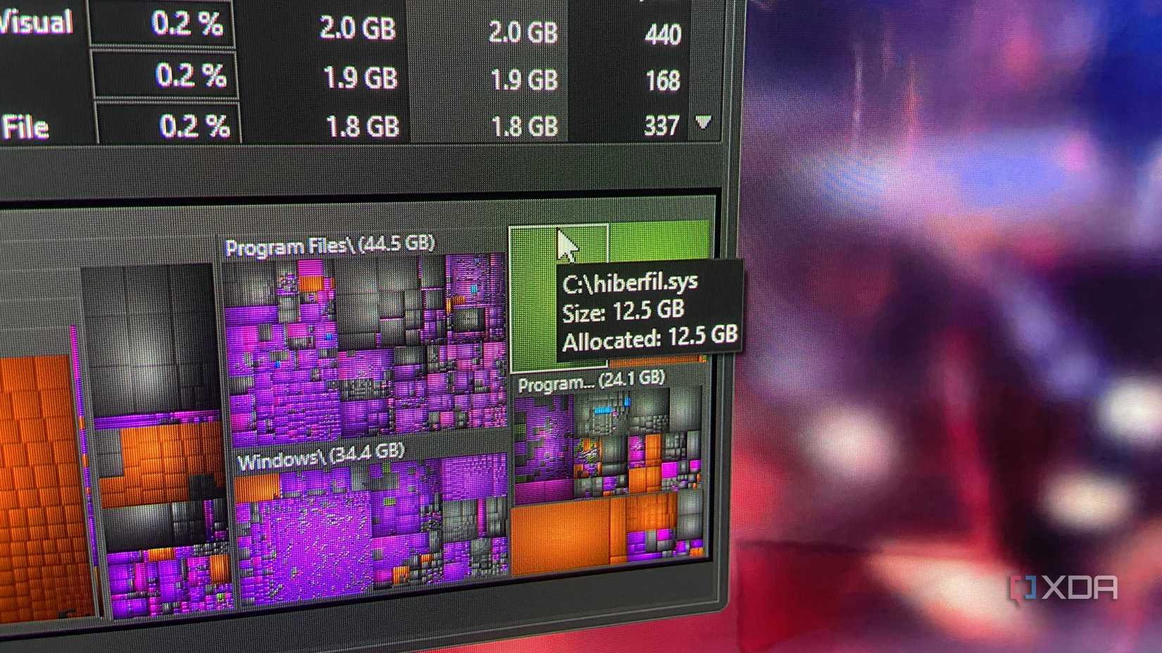 A system file named Hiberfil.SYS on Windows 11 consuming 12.5 GB of storage. 