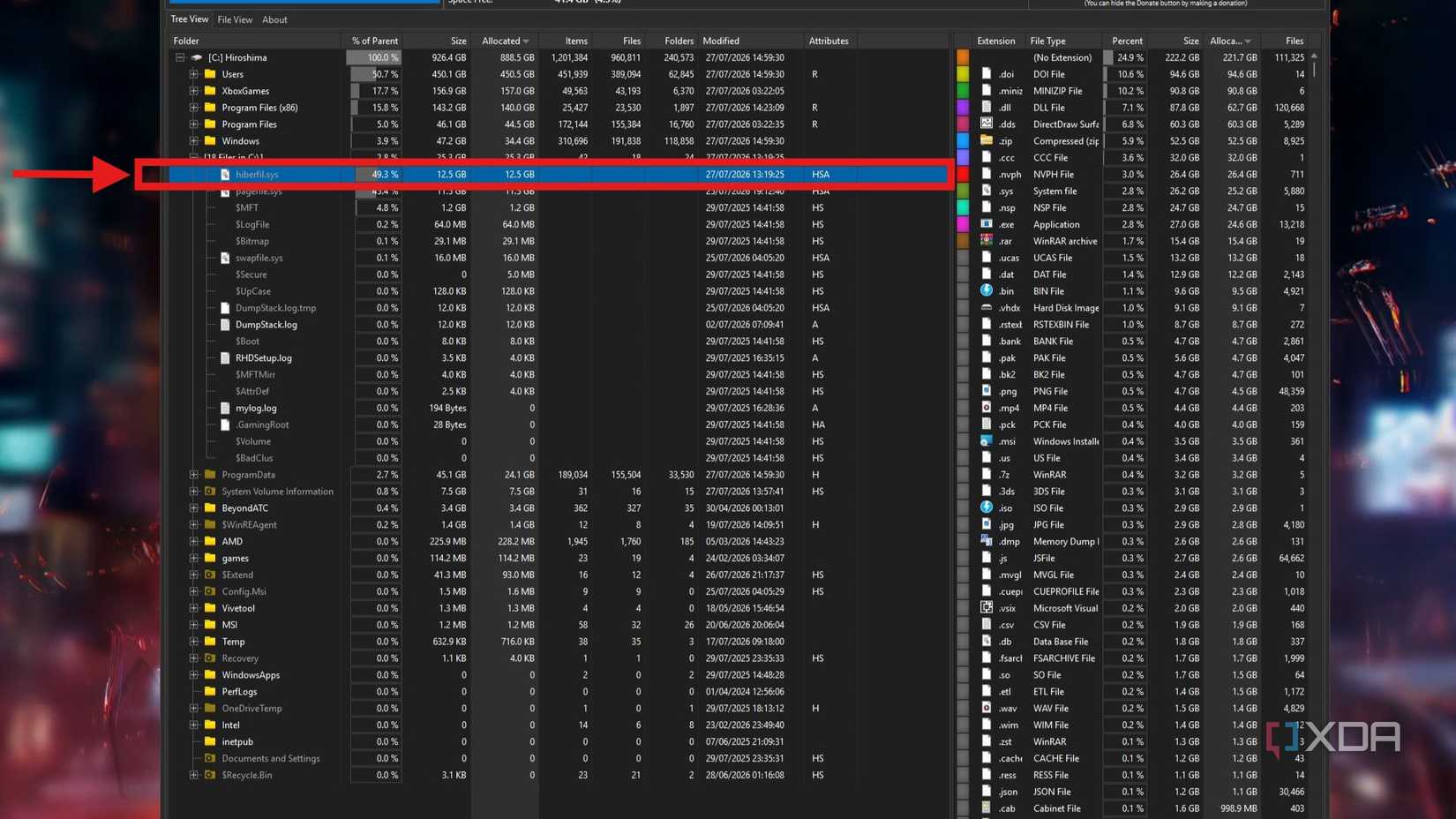 Hiberfil.sys file on Microsoft Windows 11. 