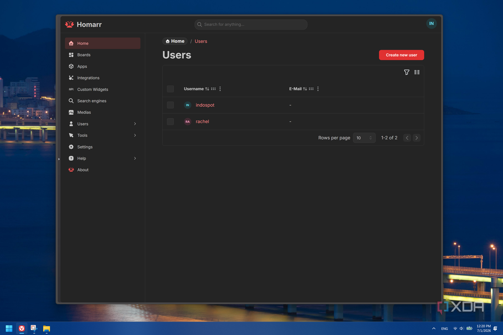 Screenshot of the user list in Homarr