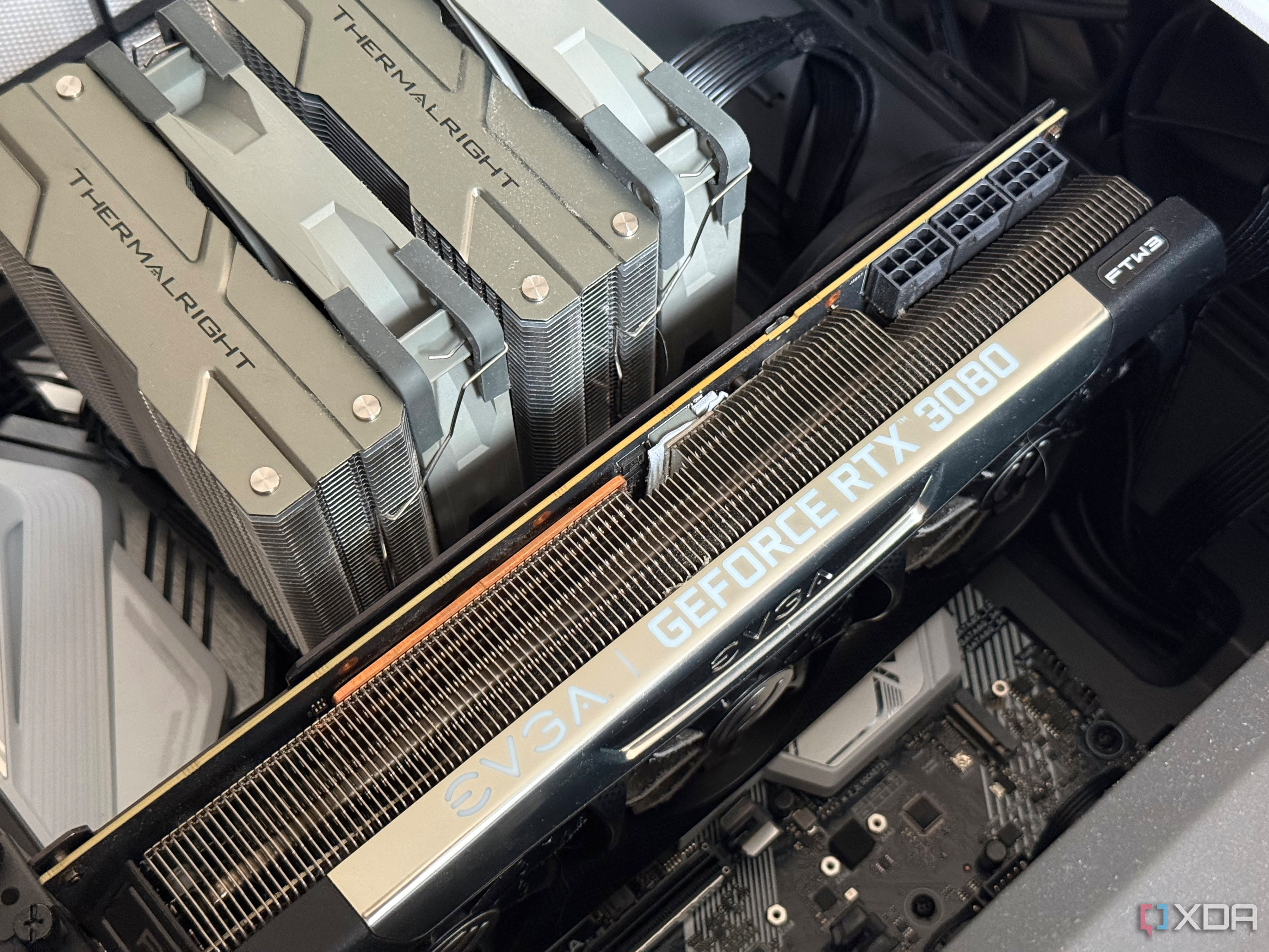 The inside of a PC with an RTX 3080 and Thermalright CPU cooler