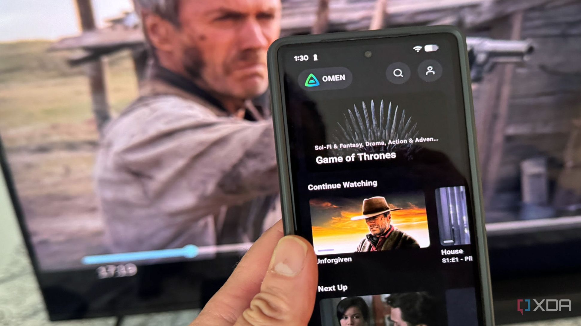 The Findroid app in front of a TV
