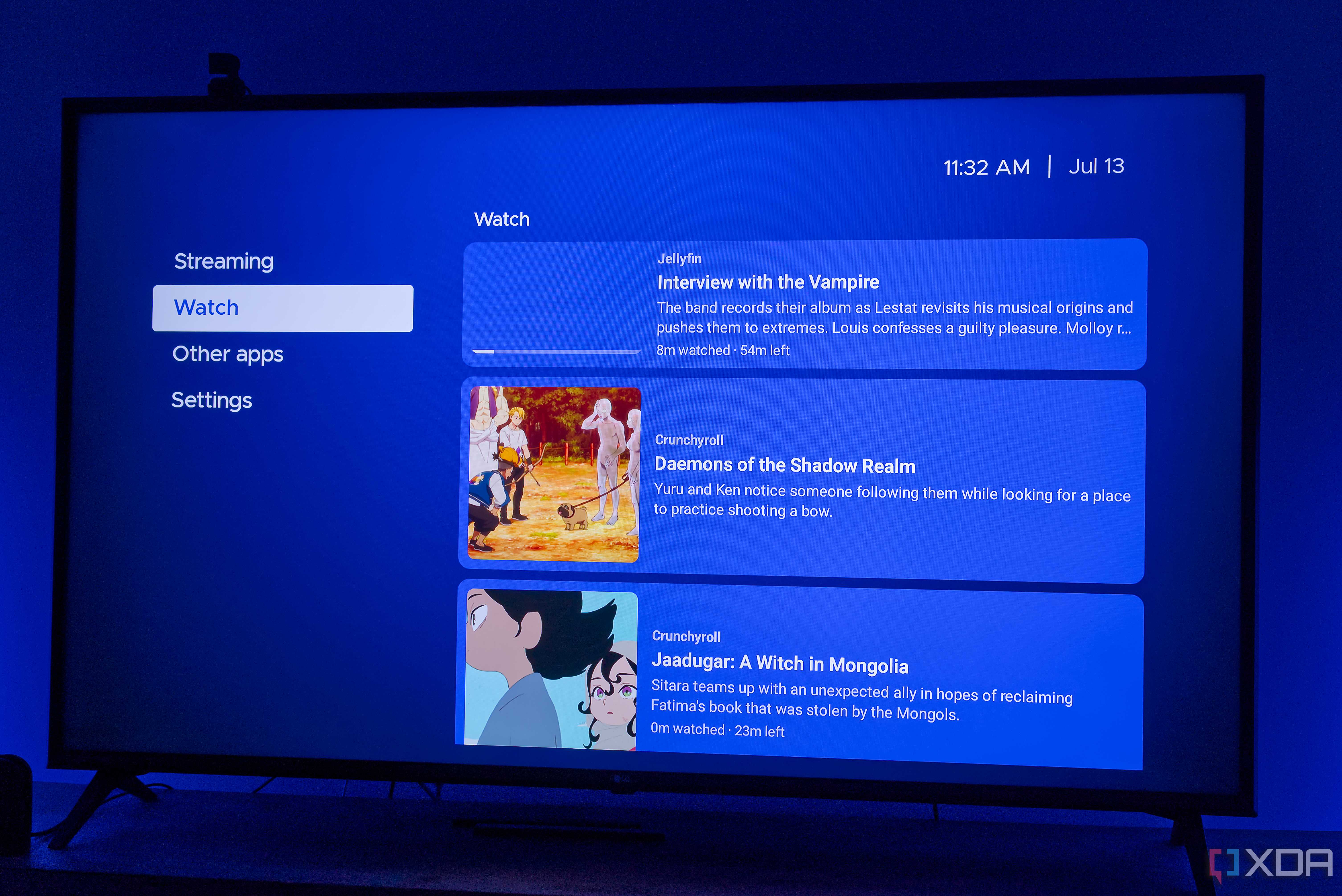 A TV displaying the "Watch" tab in Kyu launcher for Android TV