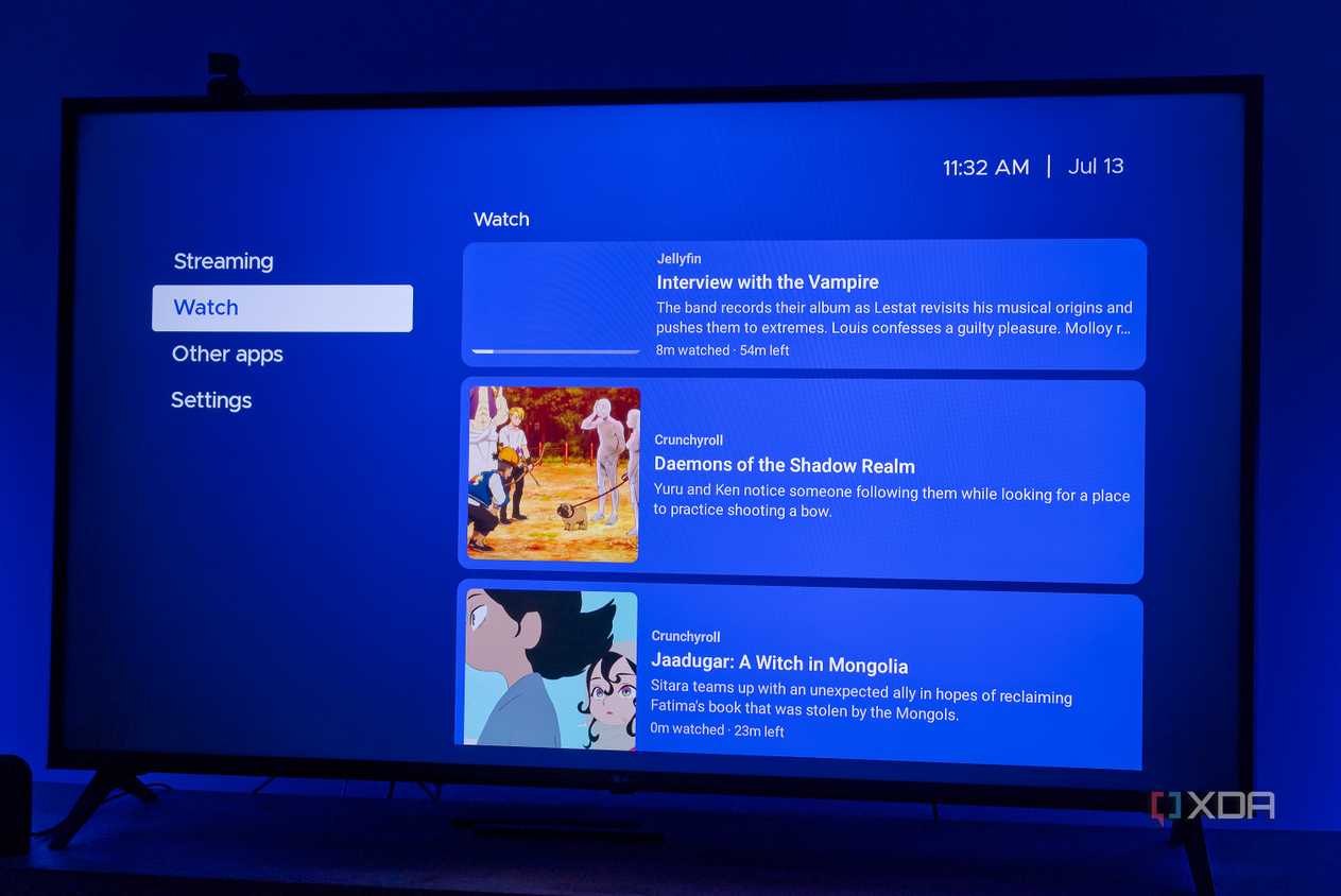 A TV displaying the "Watch" tab in Kyu launcher for Android TV