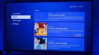 A TV displaying the "Watch" tab in Kyu launcher for Android TV