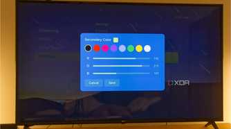 A TV displaying the color sliders in Kyu Launcher for Android TV when adjusting the secondary theme color