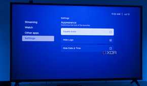 A TV displaying appearanace settings in Kyu Launcher for Android TV, including options for square icons, hiding the app log, and hiding the date and time