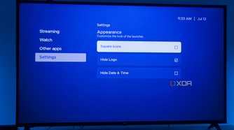A TV displaying appearanace settings in Kyu Launcher for Android TV, including options for square icons, hiding the app log, and hiding the date and time