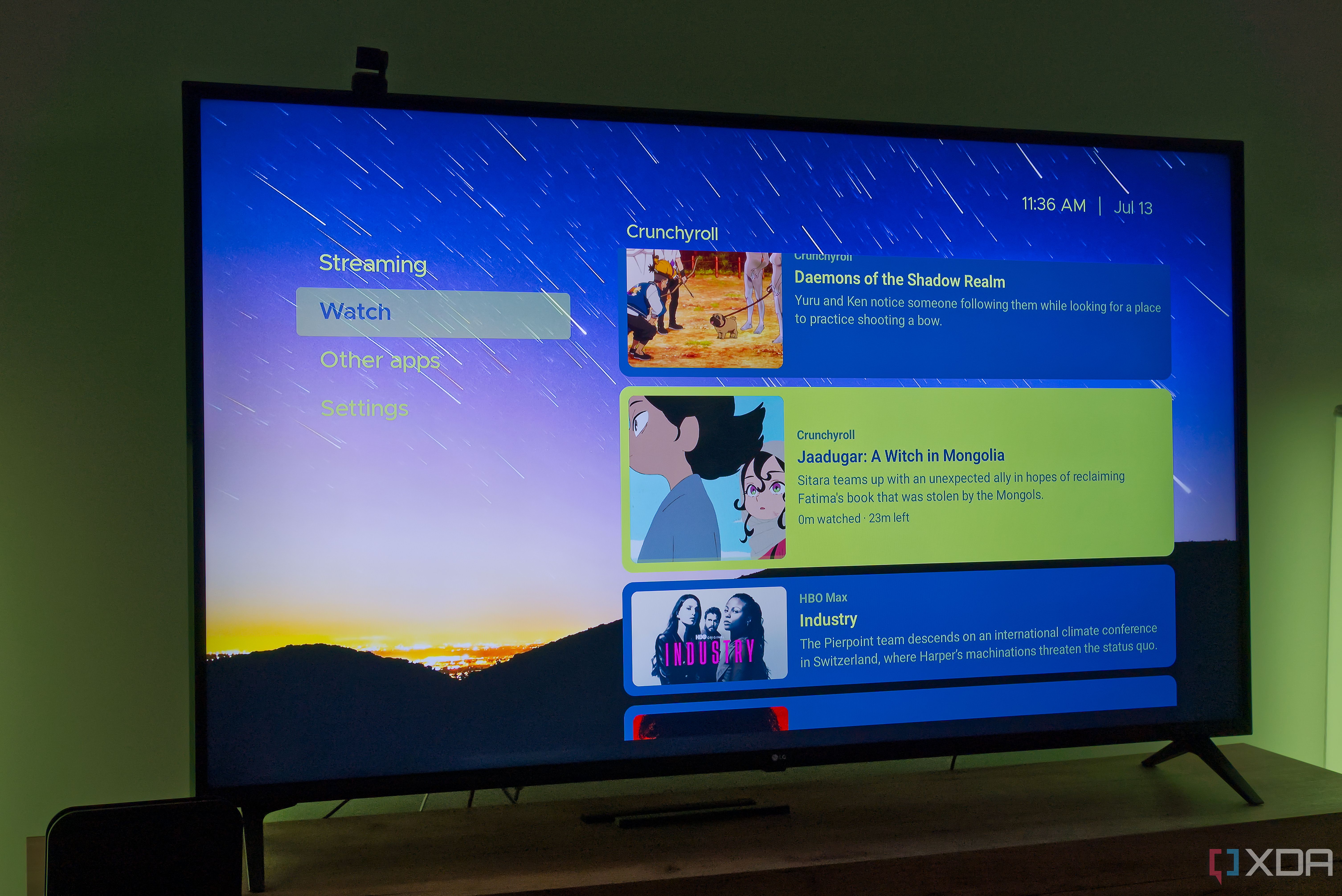 A TV displaying upcoming content in the watch tab in Kyu Launcher for Android TV