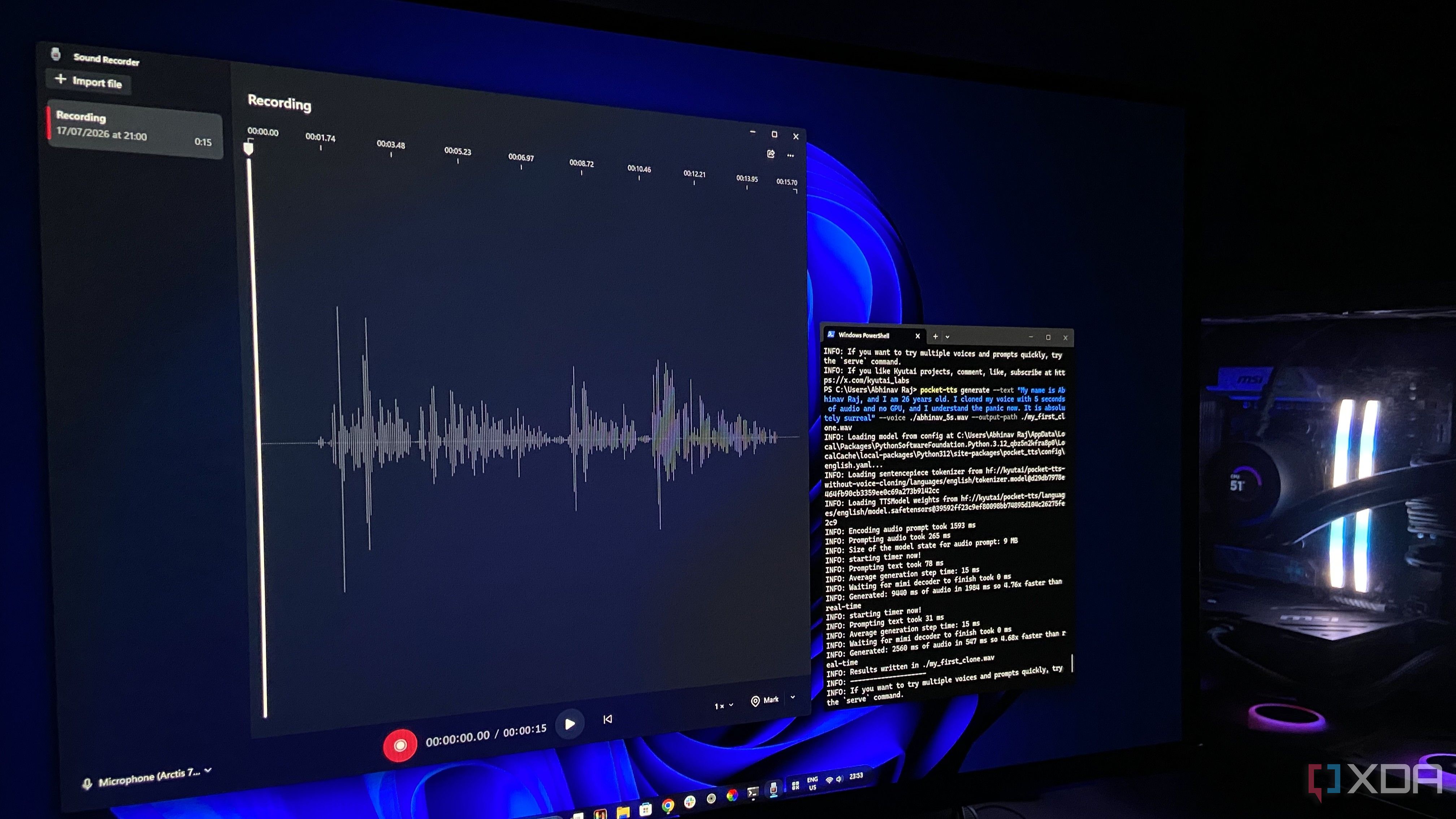 Kyutai Pocket TTS voice cloning running on a desktop PC. 