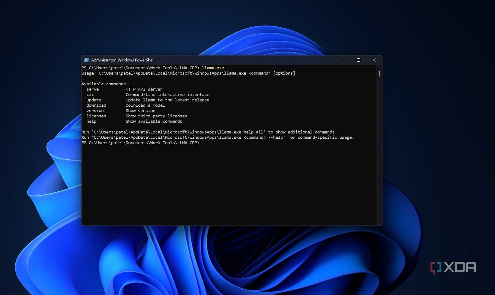 llma cpp installed in Windows 11