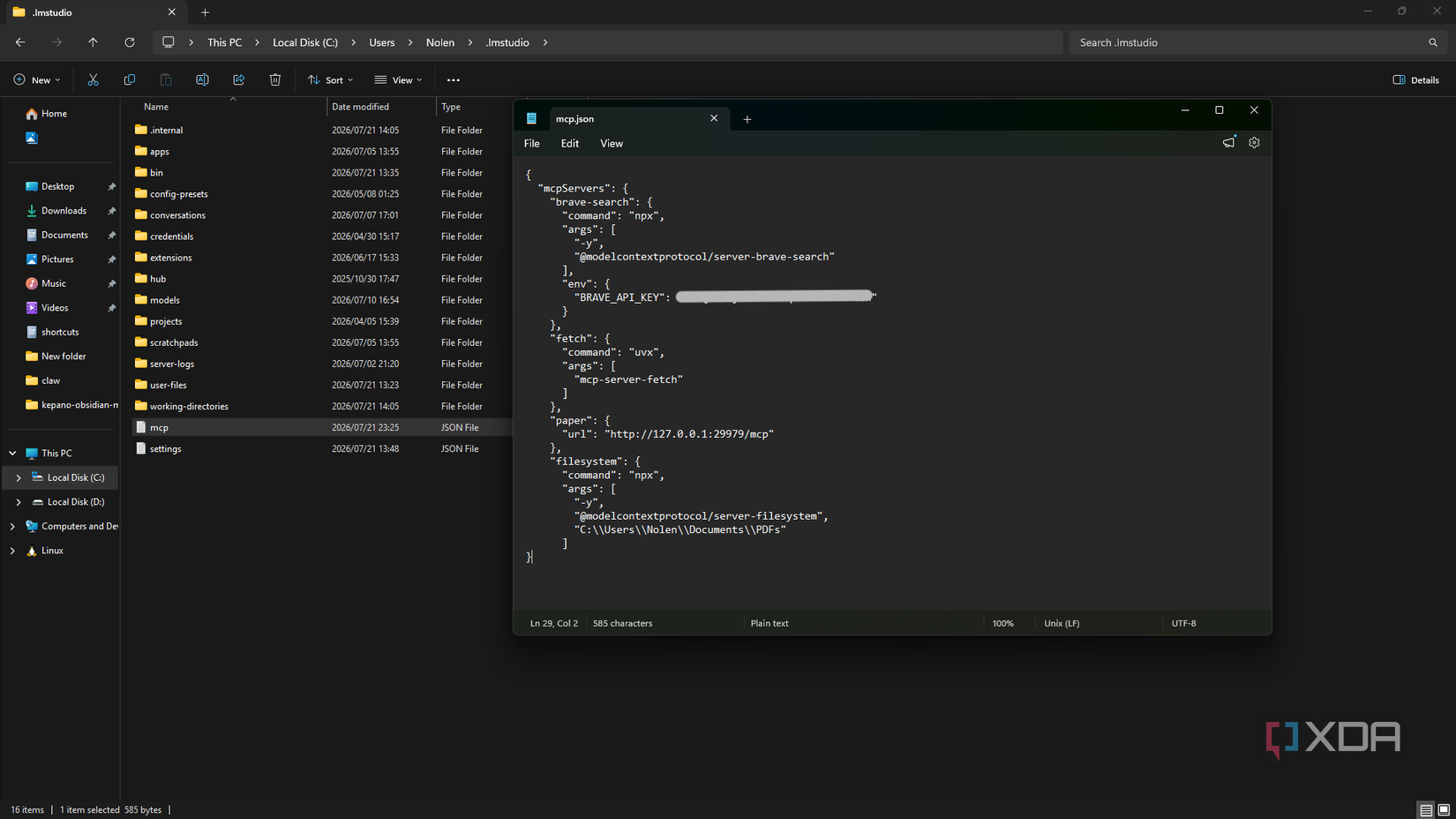LM Studio points to the PDF folder with the mcp.json file system server