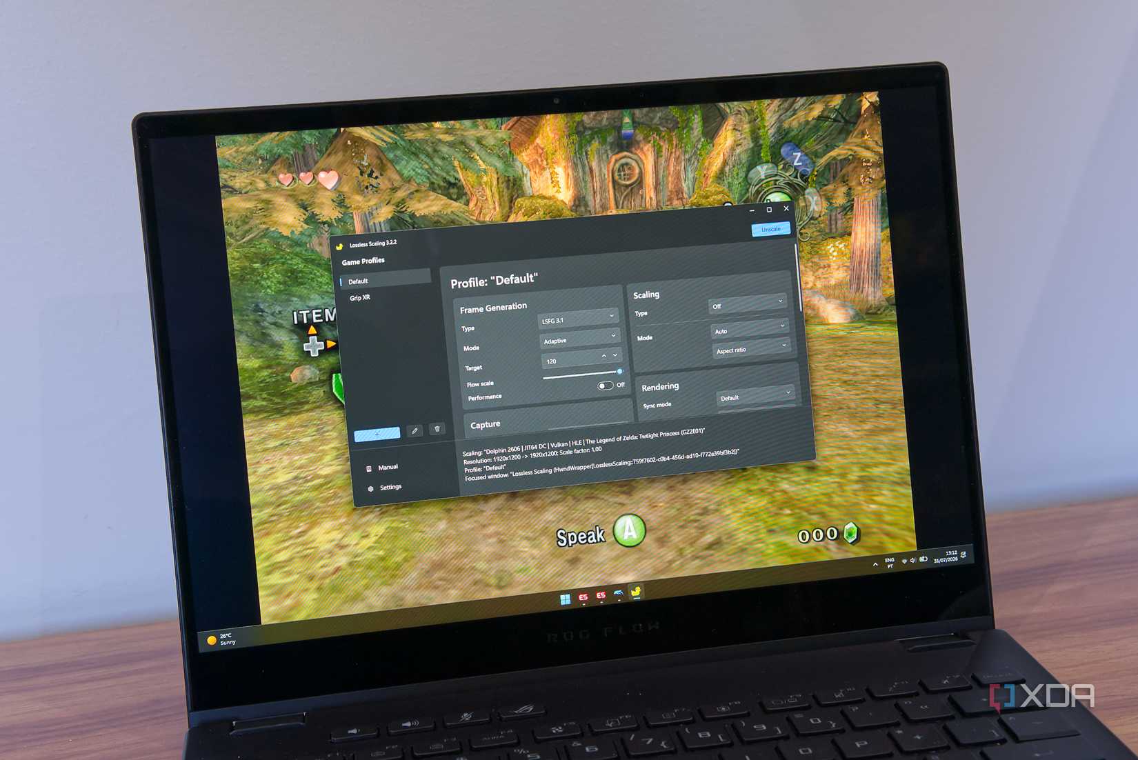 A laptop showing the Lossless Scaling window over an emulator running The Legend of Zelda Twilight Princess