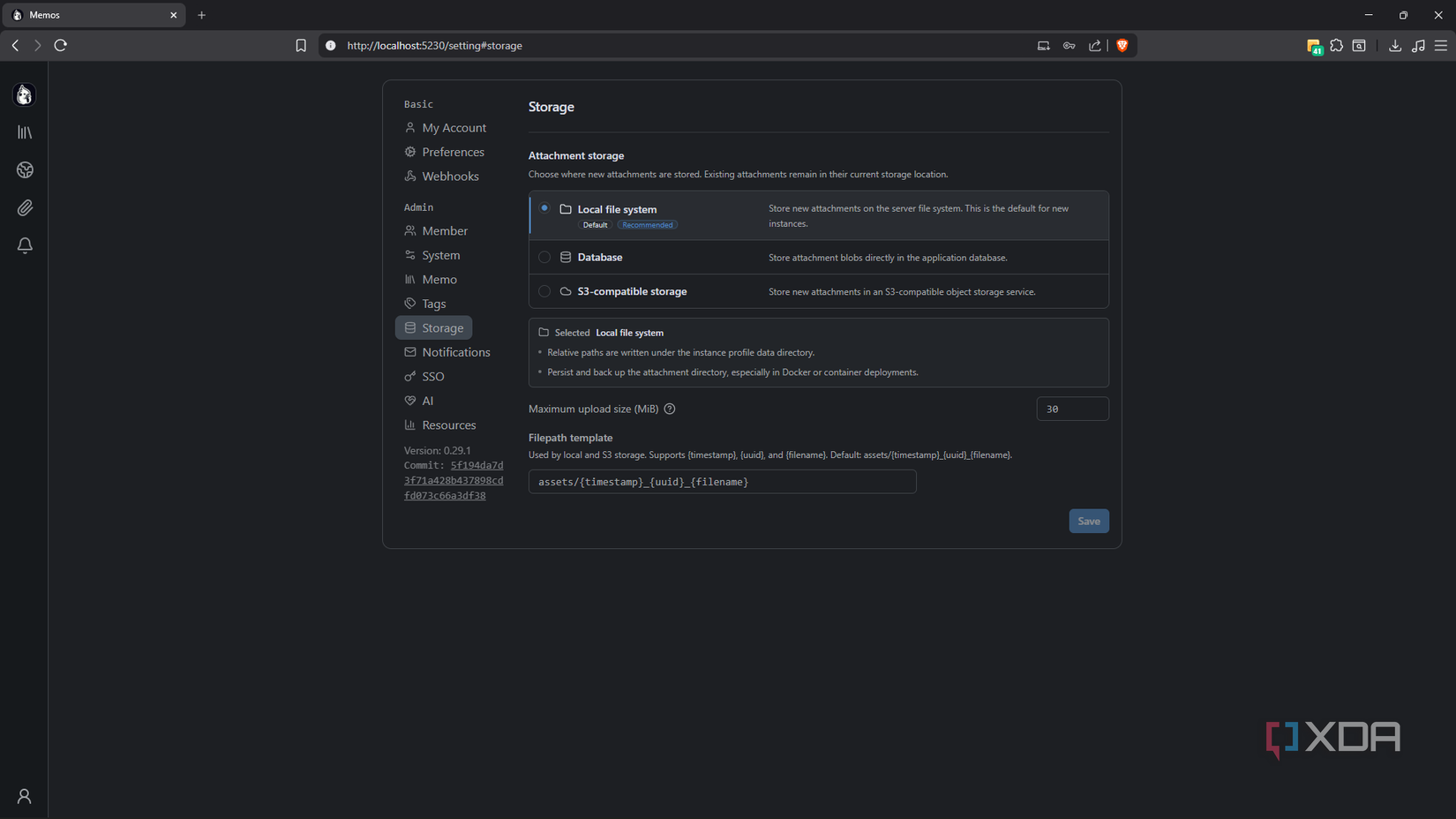 Memos admin storage settings with local file system selected