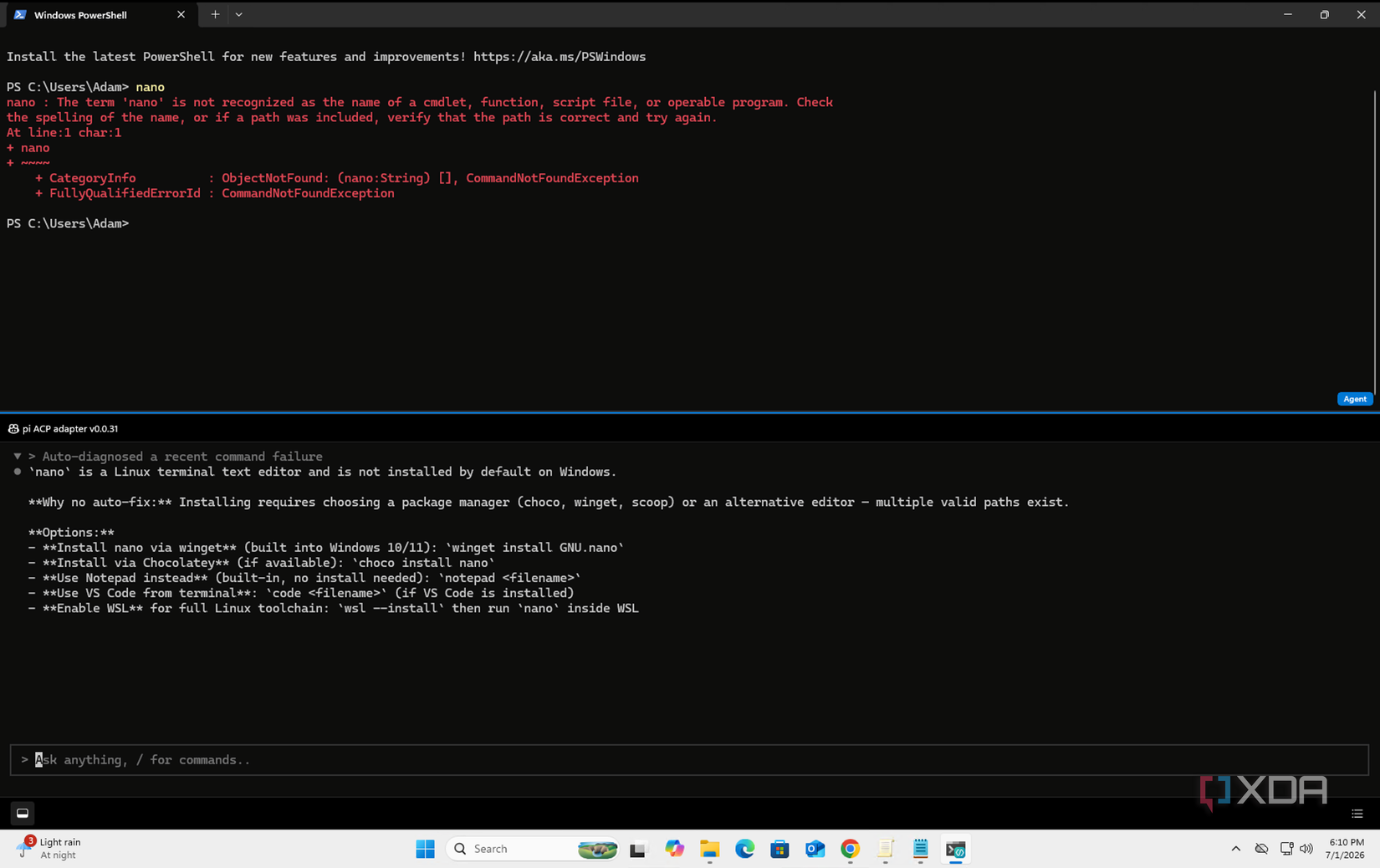 Microsoft Intelligent Terminal identifying that 'nano' isn't a recognized command, and offering a fix