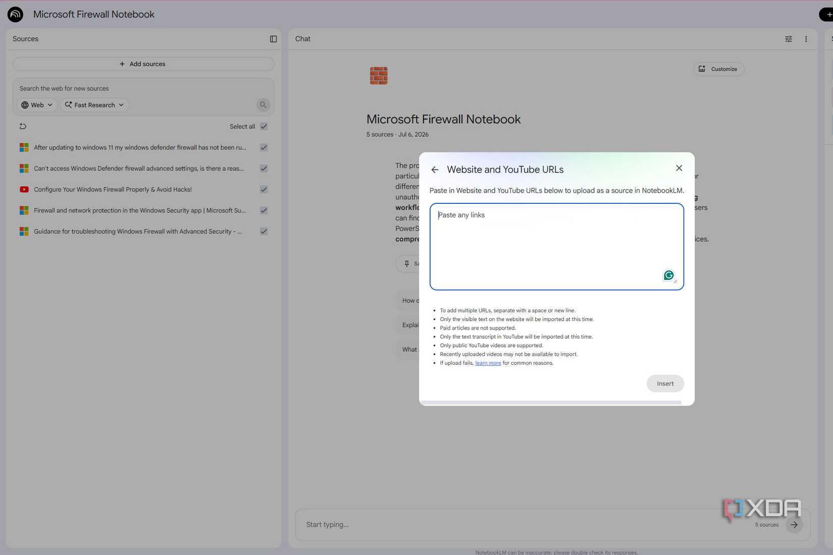 NotebookLM Websites and YouTube URLs window to paste links