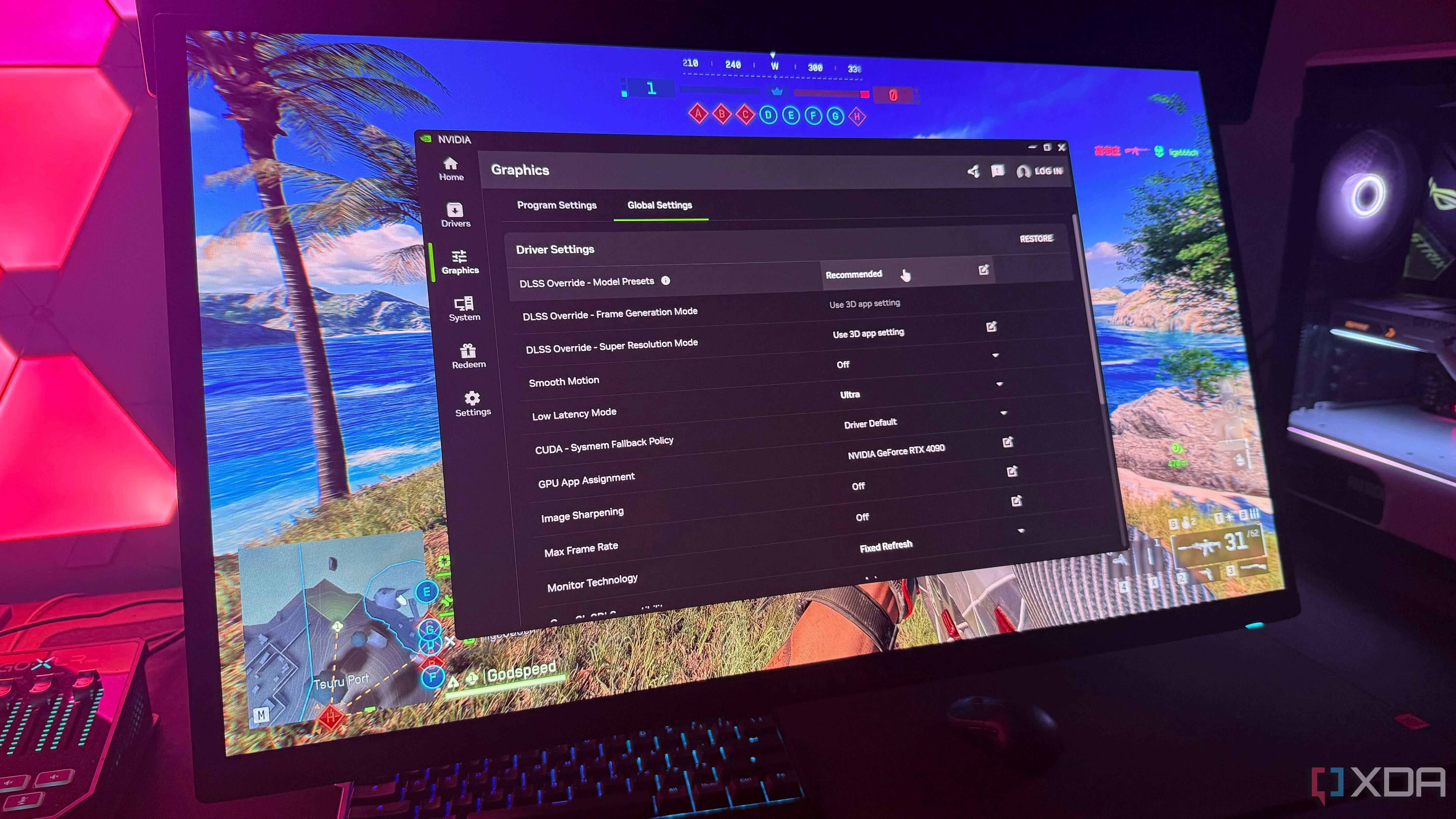 Nvidia app window running over a game on a monitor