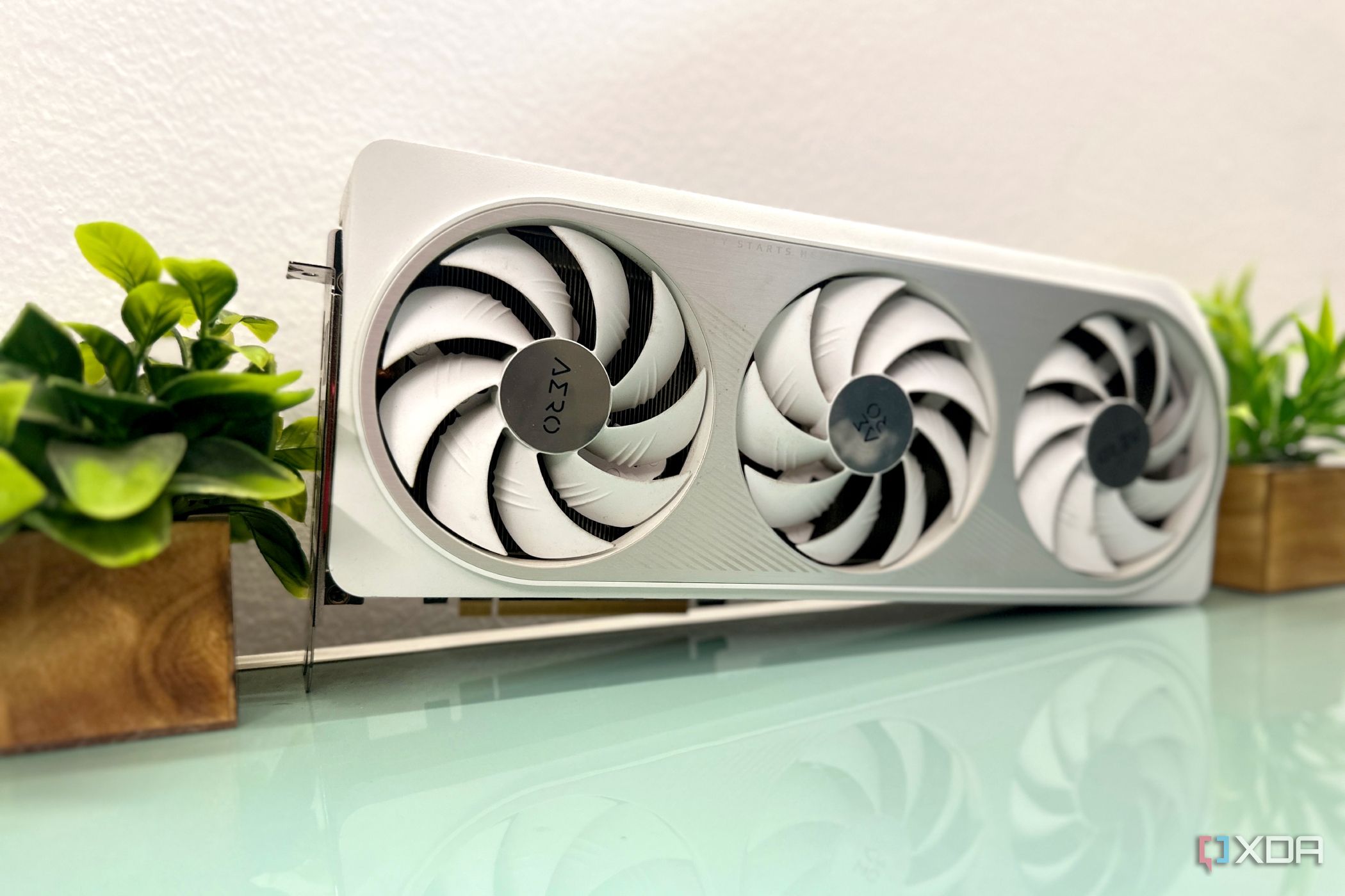 Nvidia's GeForce RTX 4070 Ti sitting between two plants.