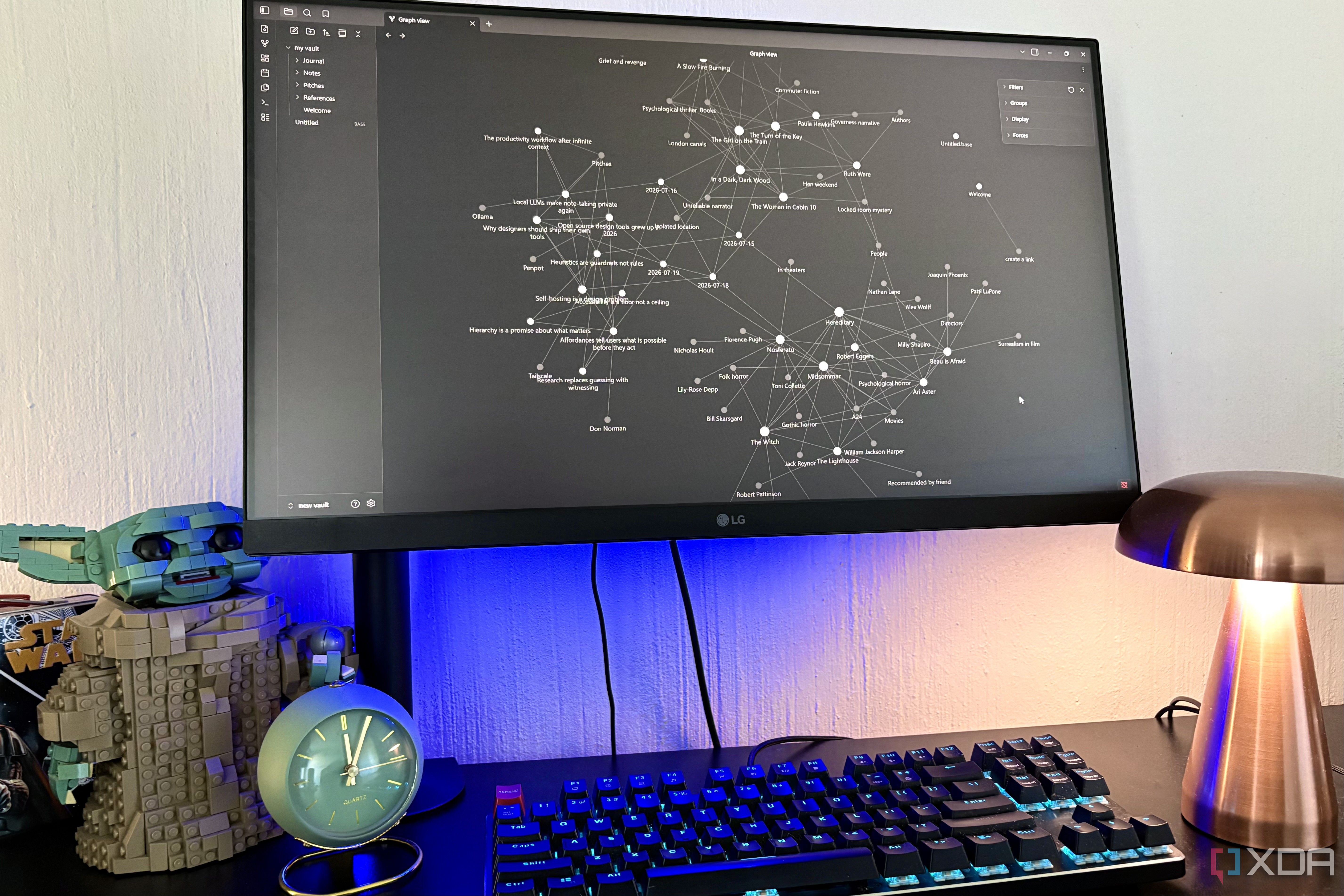 obsidian graph view on desktop pc, lego and lamp in view