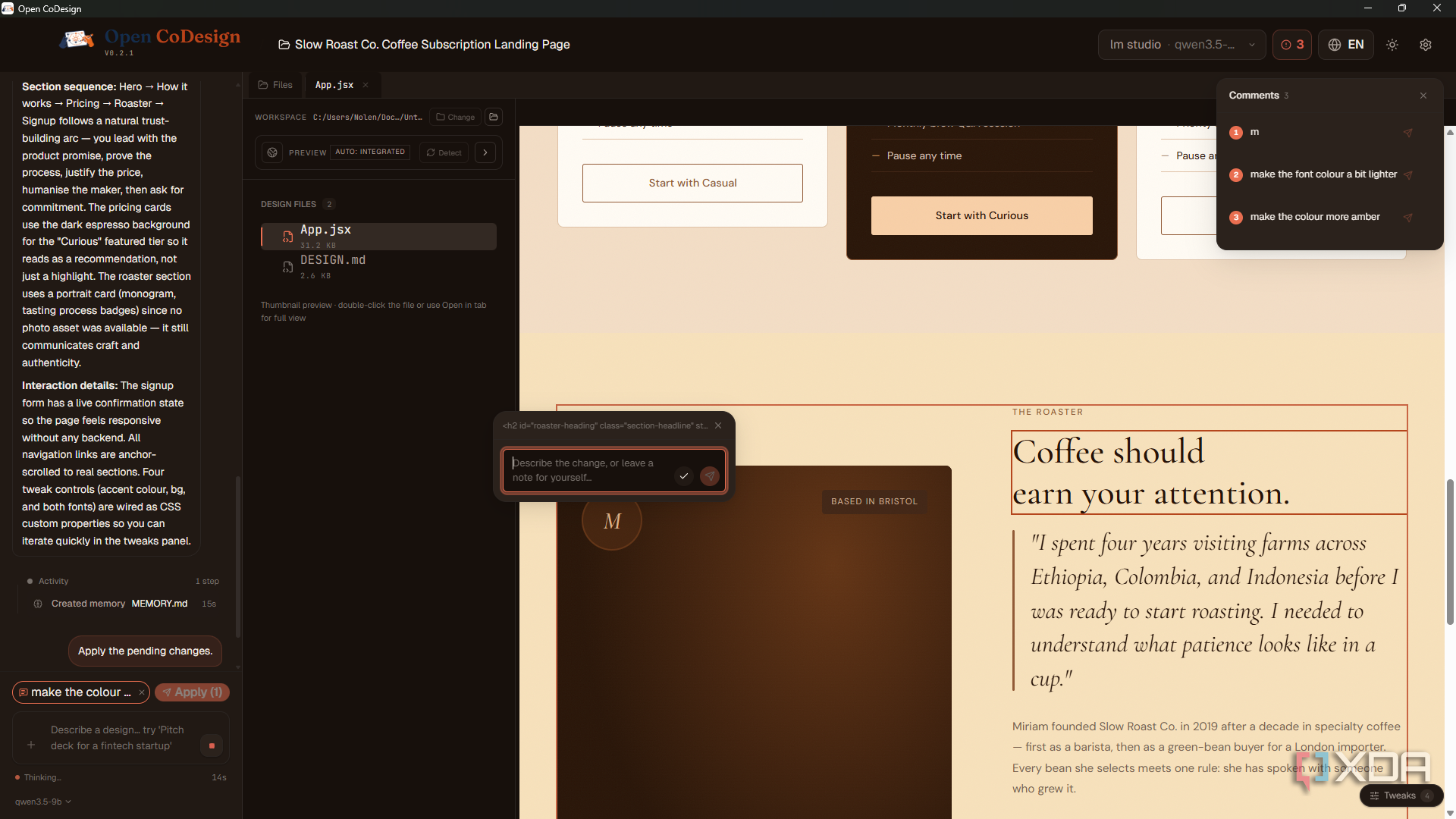 Open CoDesign comment on roaster heading with pending changes
