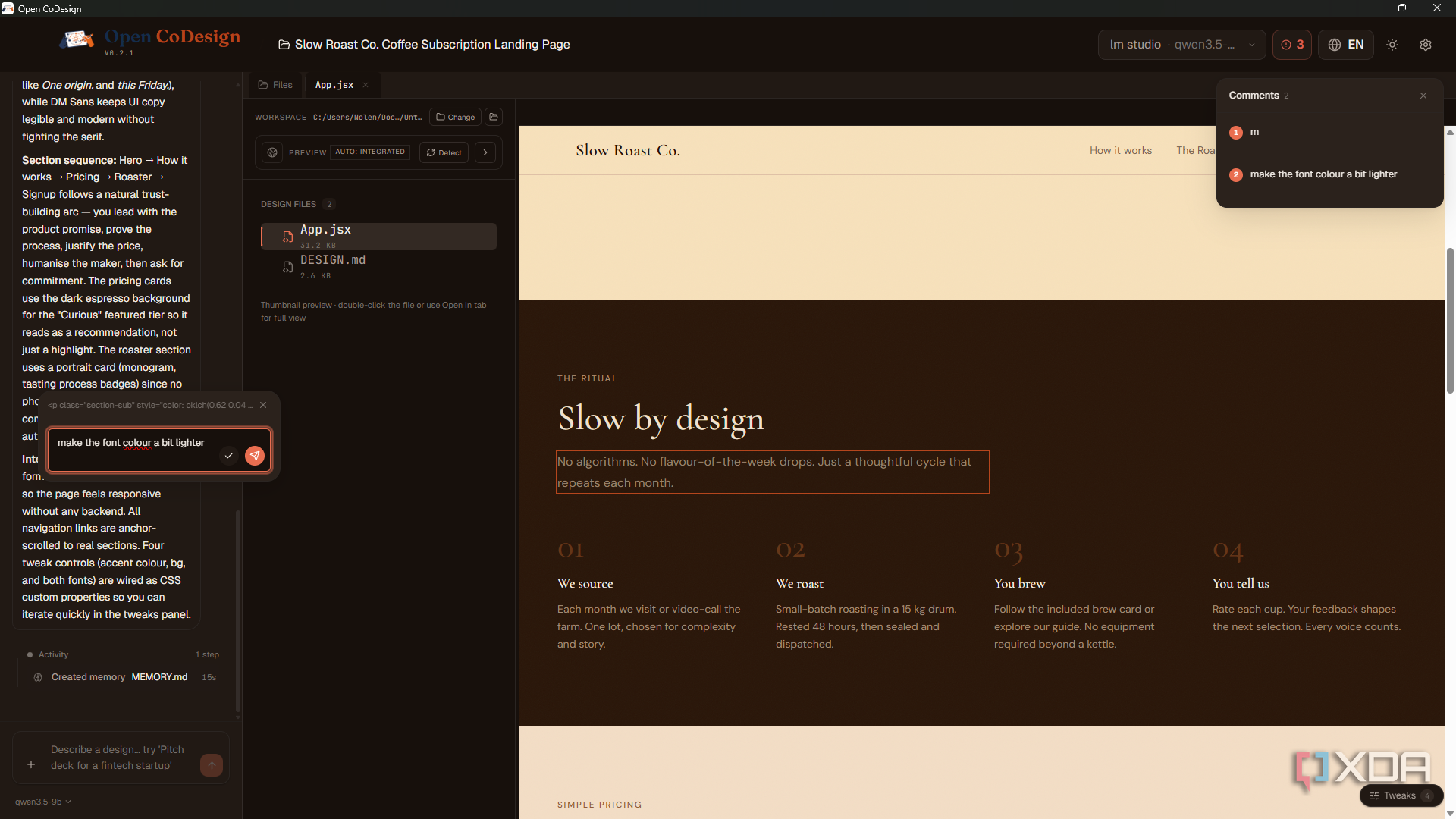 Open CoDesign leaving comment on hero copy for Slow Roast Co