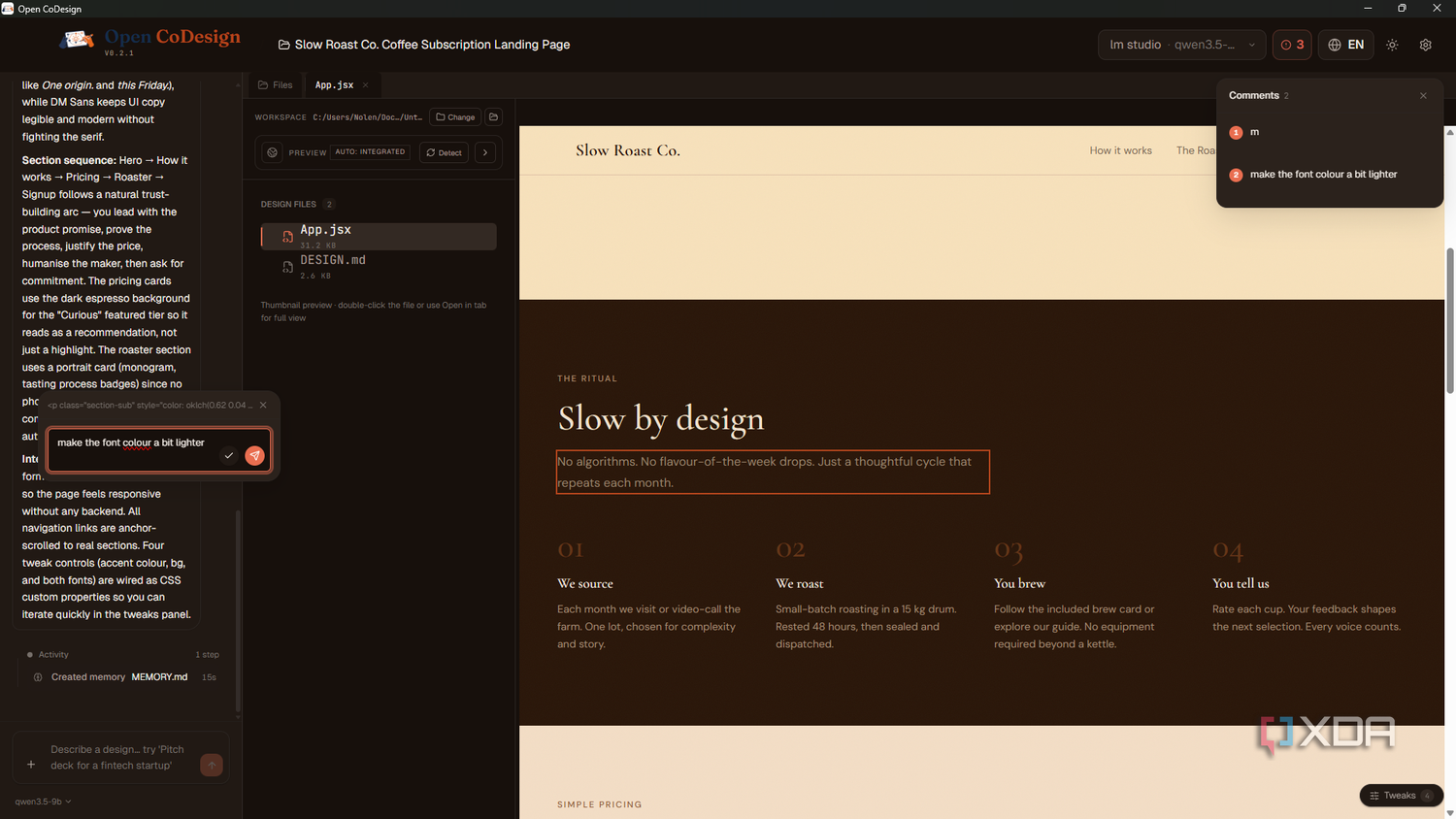 Локальные нейросети для UI: запускаем кодинг-модели на обычном GPU Open CoDesign leaving comment on hero copy for Slow Roast Co
