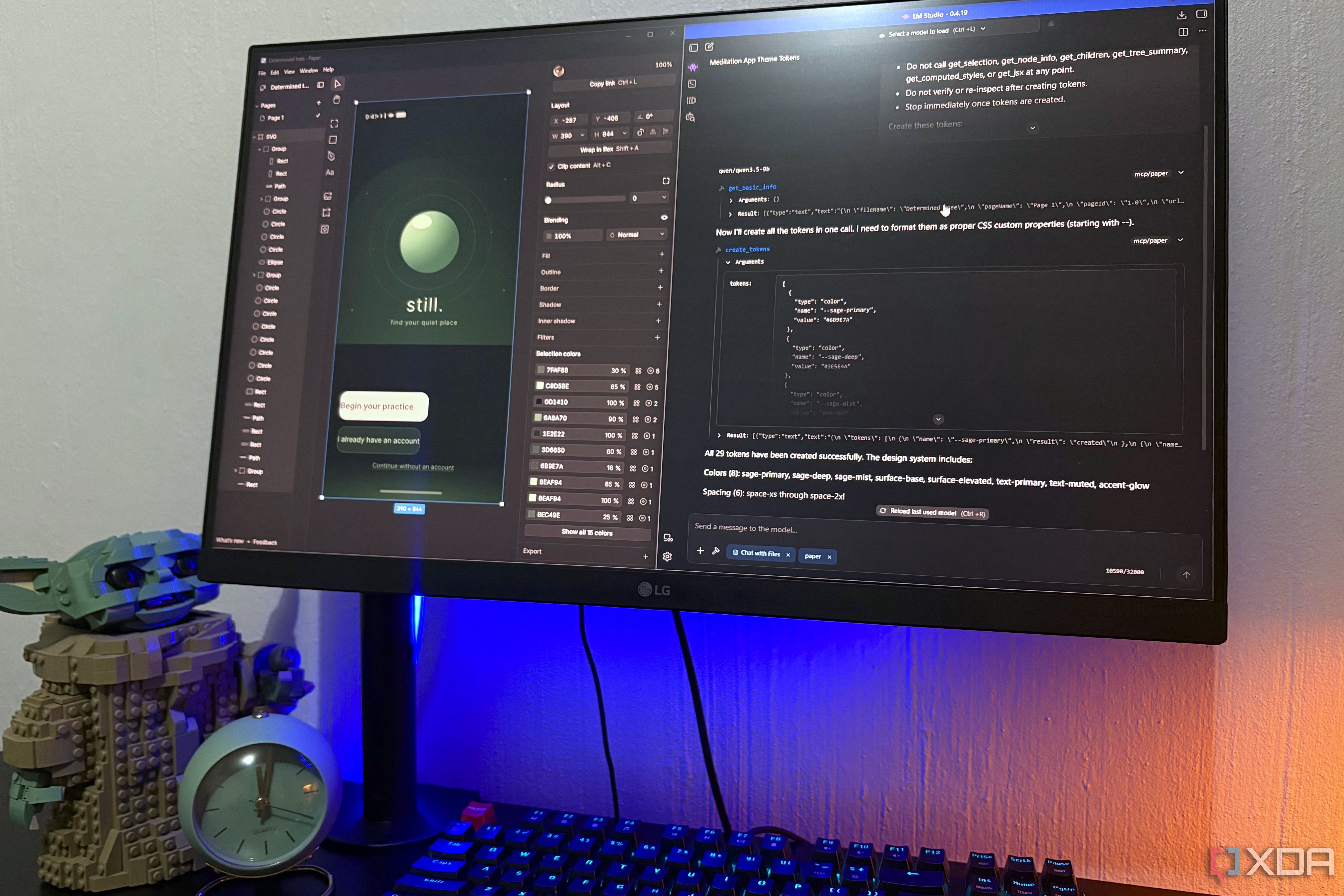 paper design and lm studio on desktop pc, lego and clock in view