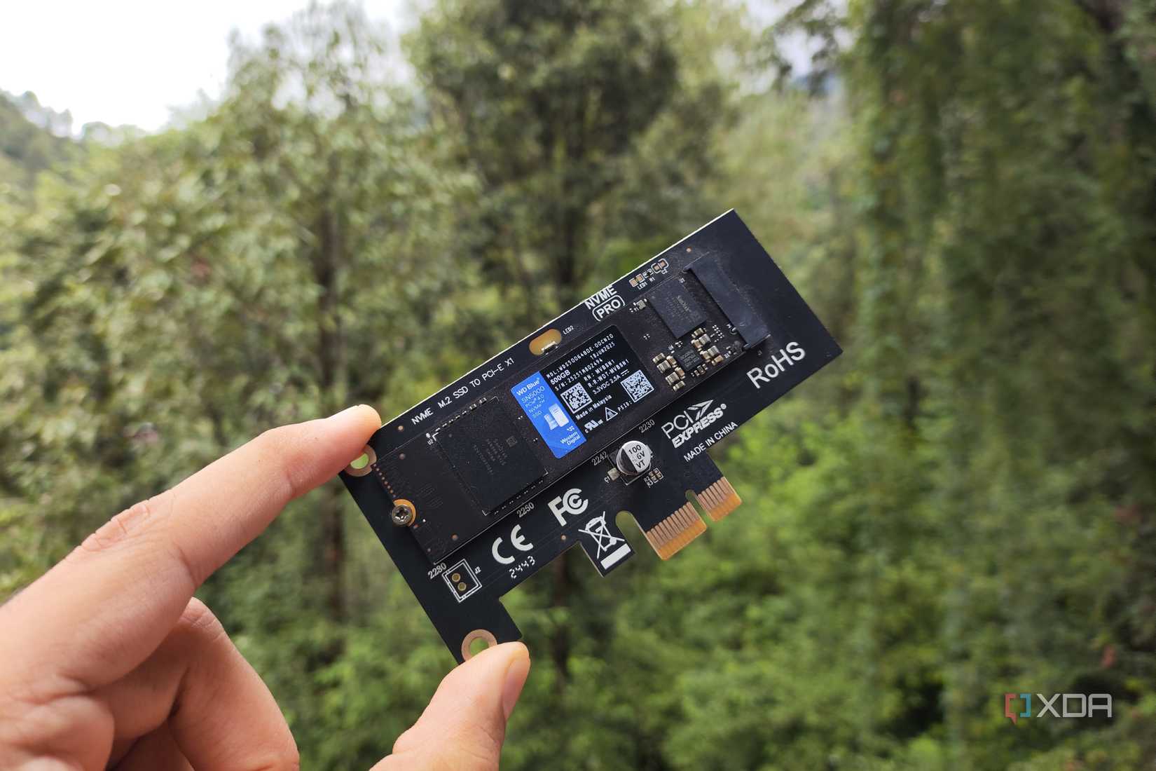 A person holding a PCIe-to-NVMe adapter