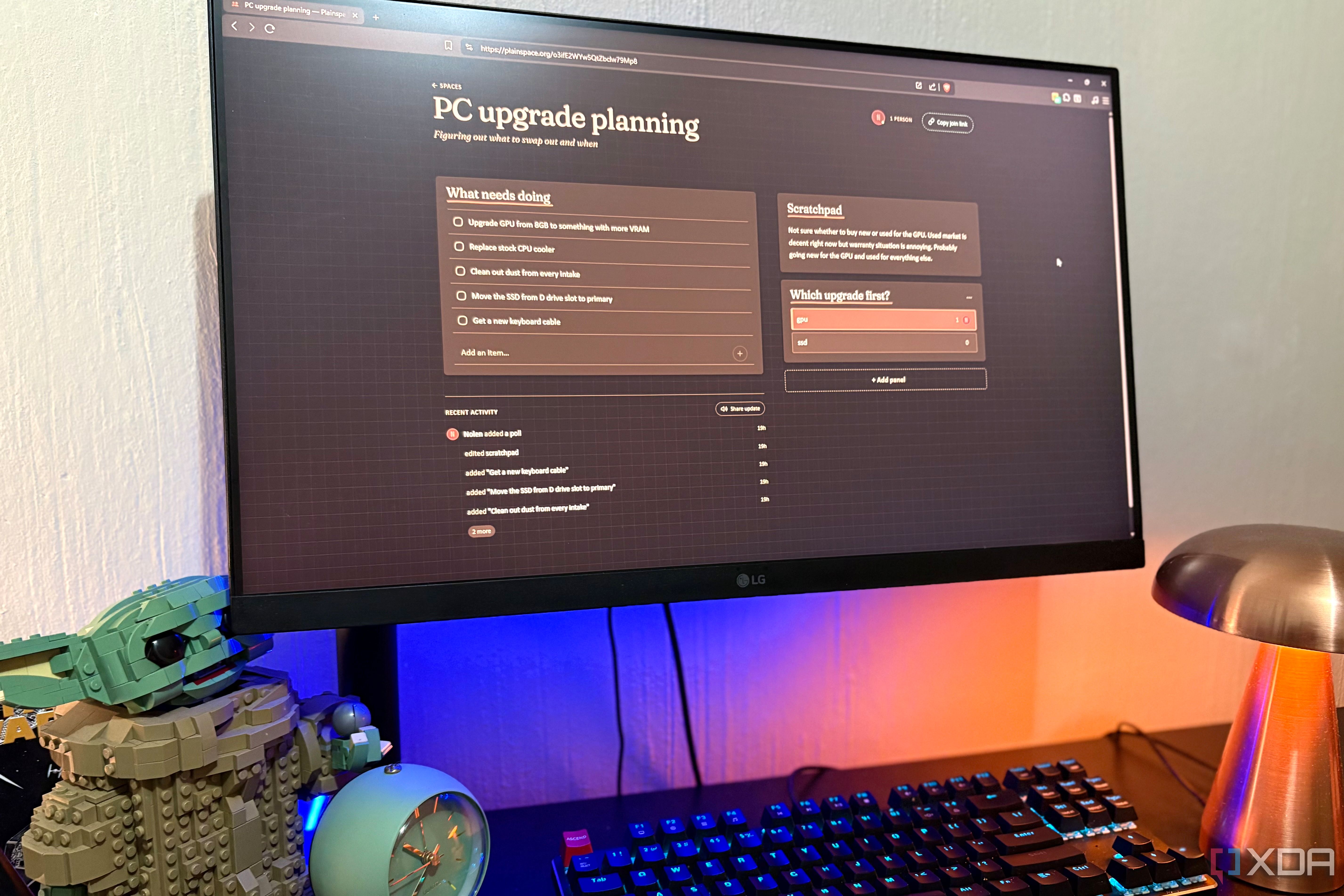 plainspace on desktop pc, lego and lamp in view