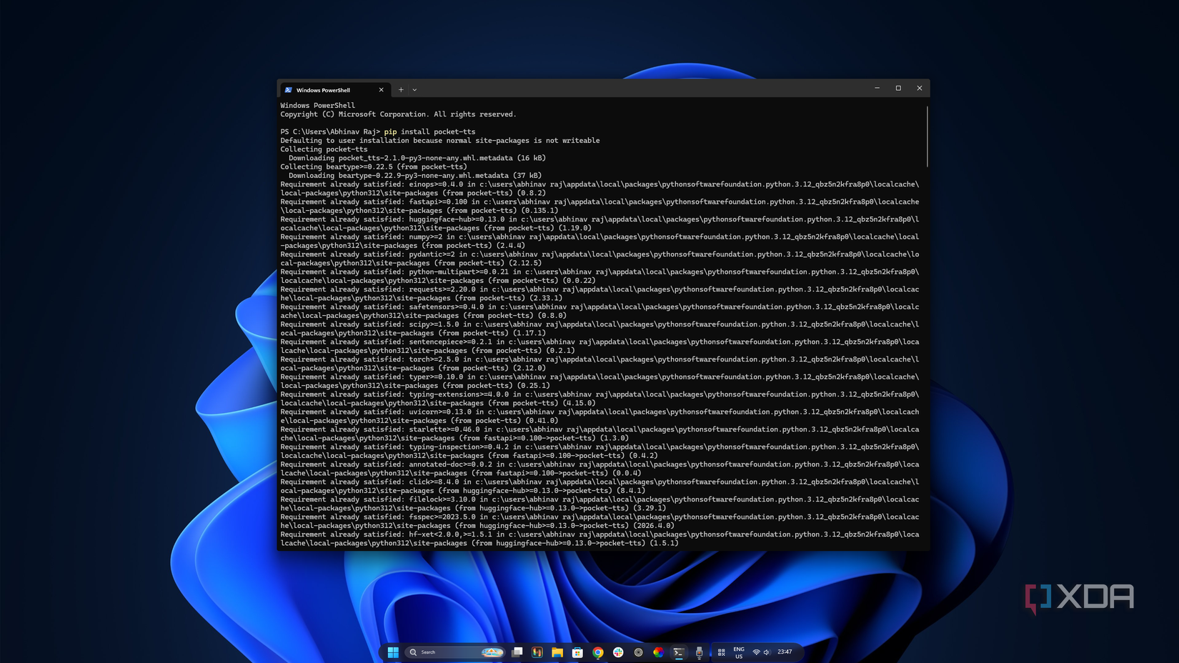 Installing Kyutai Pocket TTS in PowerShell.