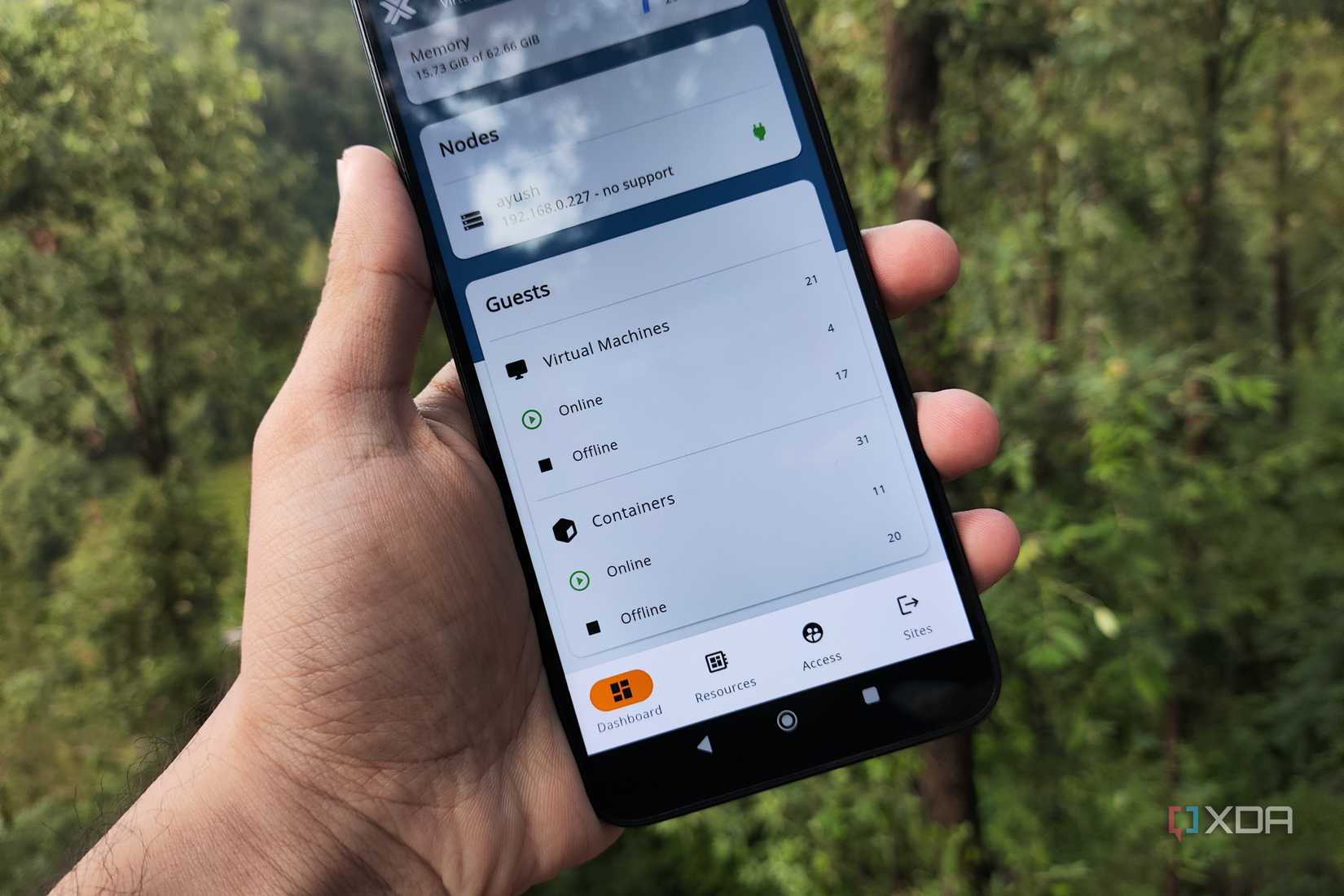 The Resources tab in the Proxmox app