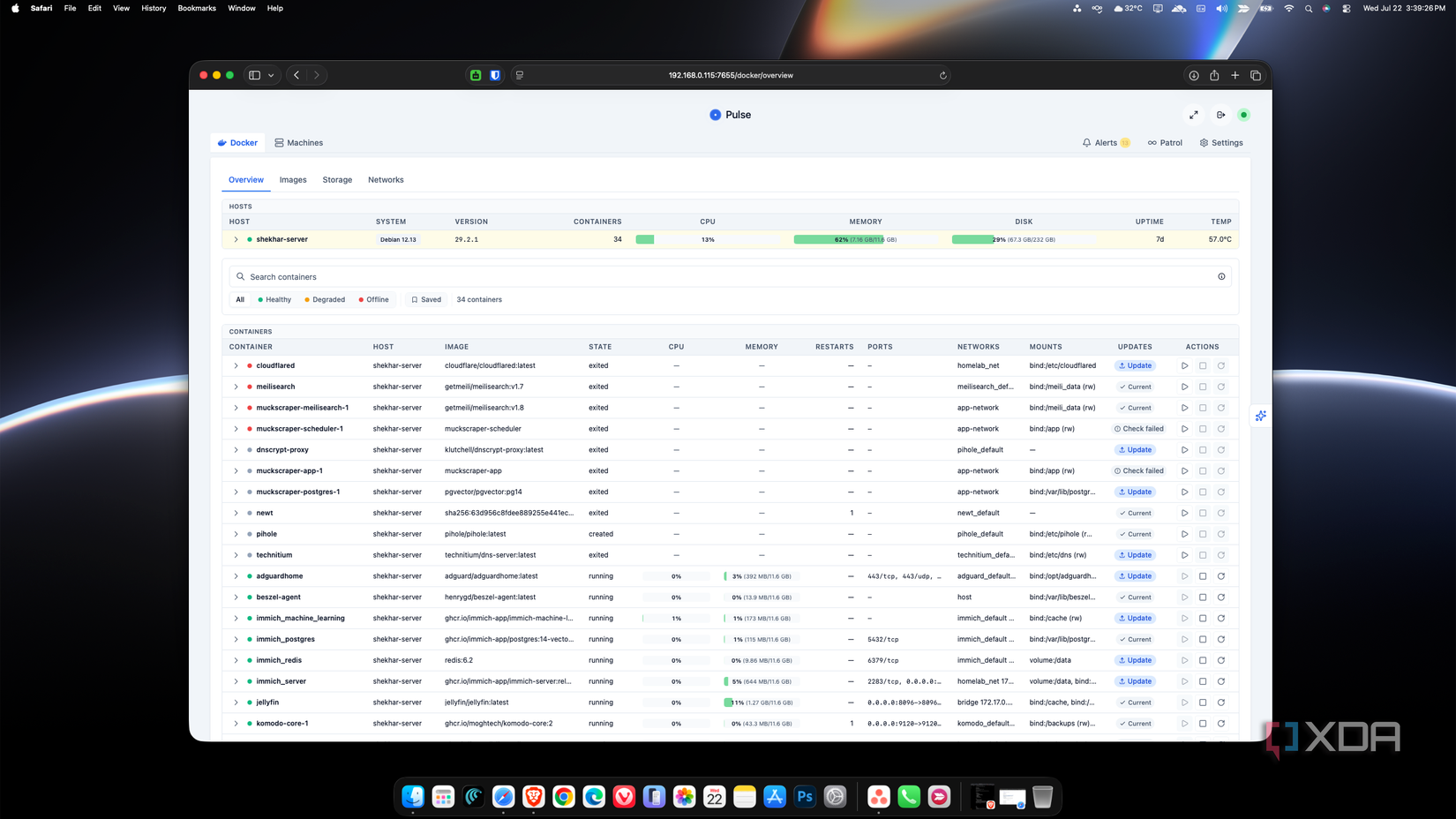 Pulse Docker overview showing host resource usage and a list of containers with their status