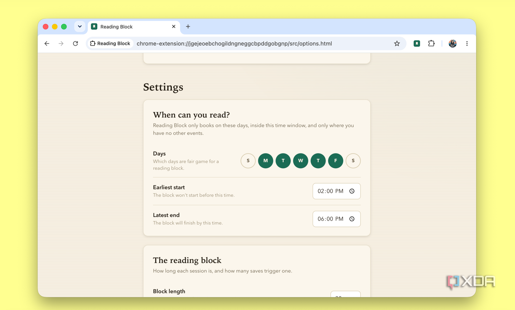 Reading Block options setting reading days and time window