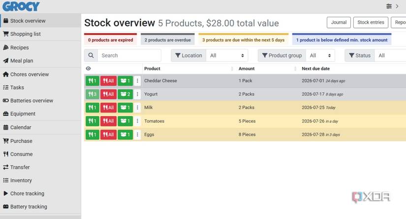 Stockl overview in Grocy 
