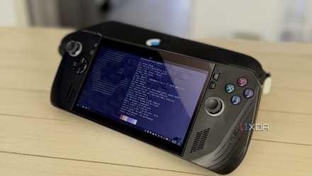 rog ally x running cachyos propped up on a steam deck case