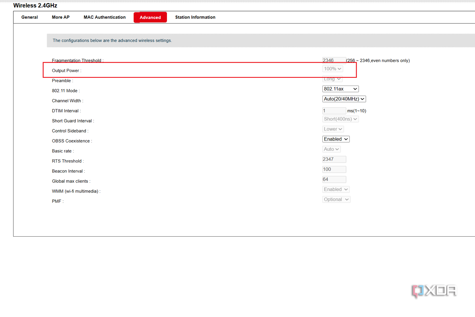 Screenshot of wireless settings on the admin page of a Wi-Fi router