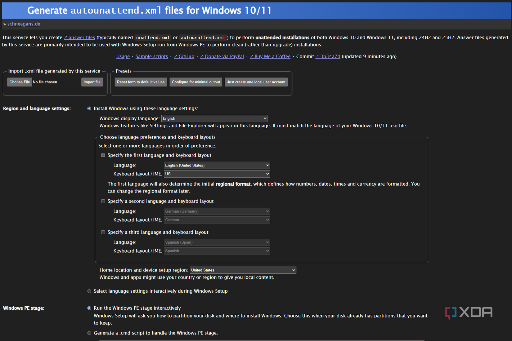 Screenshot of Schneegans.de unattend generator webpage