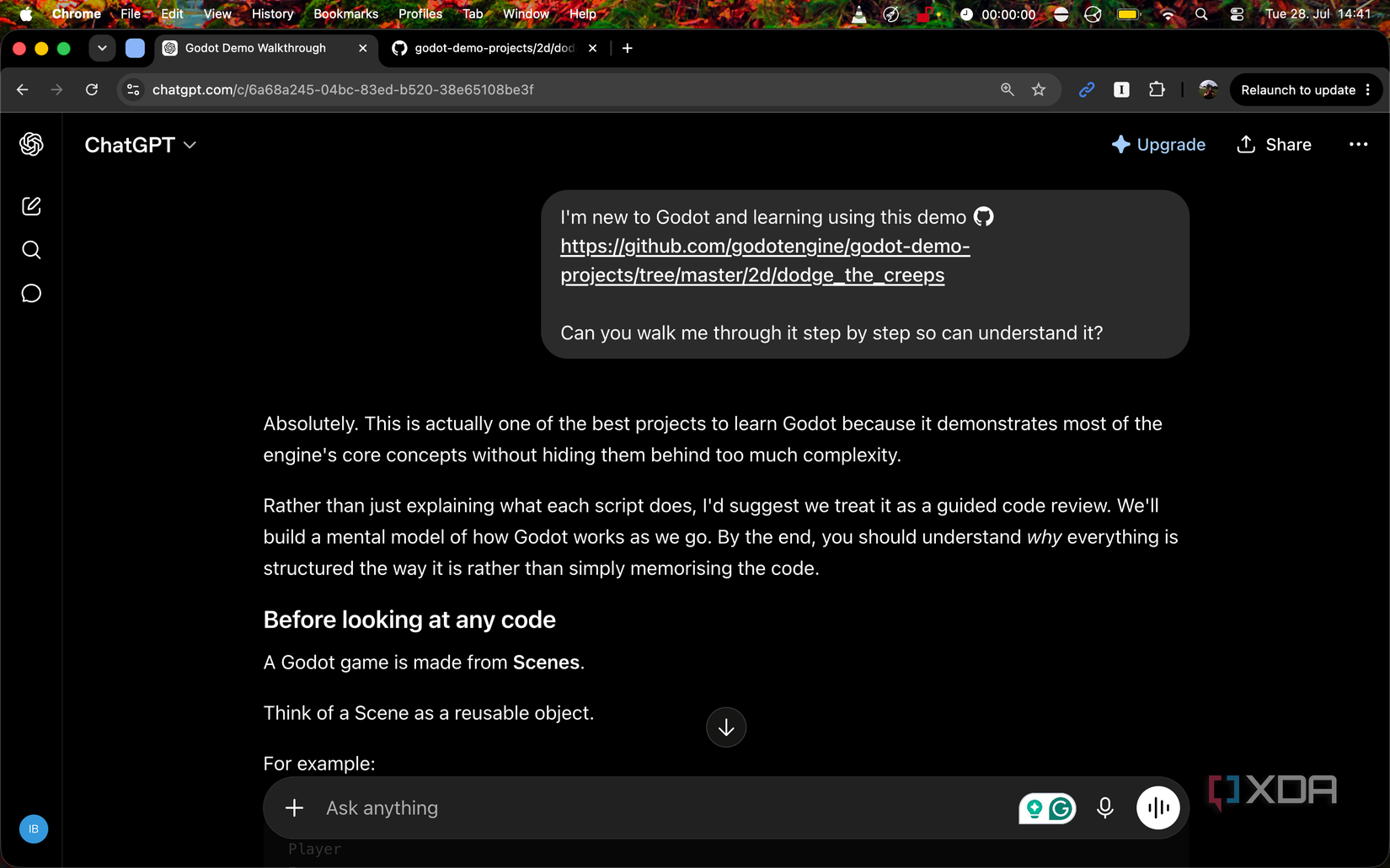 A ChatGPT window showing a request for guidance through a Godot example project, and a reply highlighting how the AI will walk the user through the code and scene.