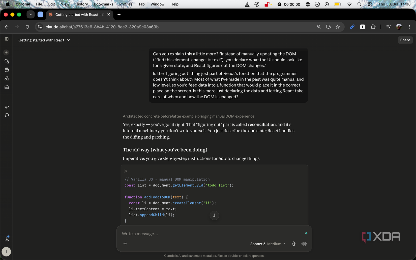 A Claude AI browser window showing a query about basic ReactJS principles